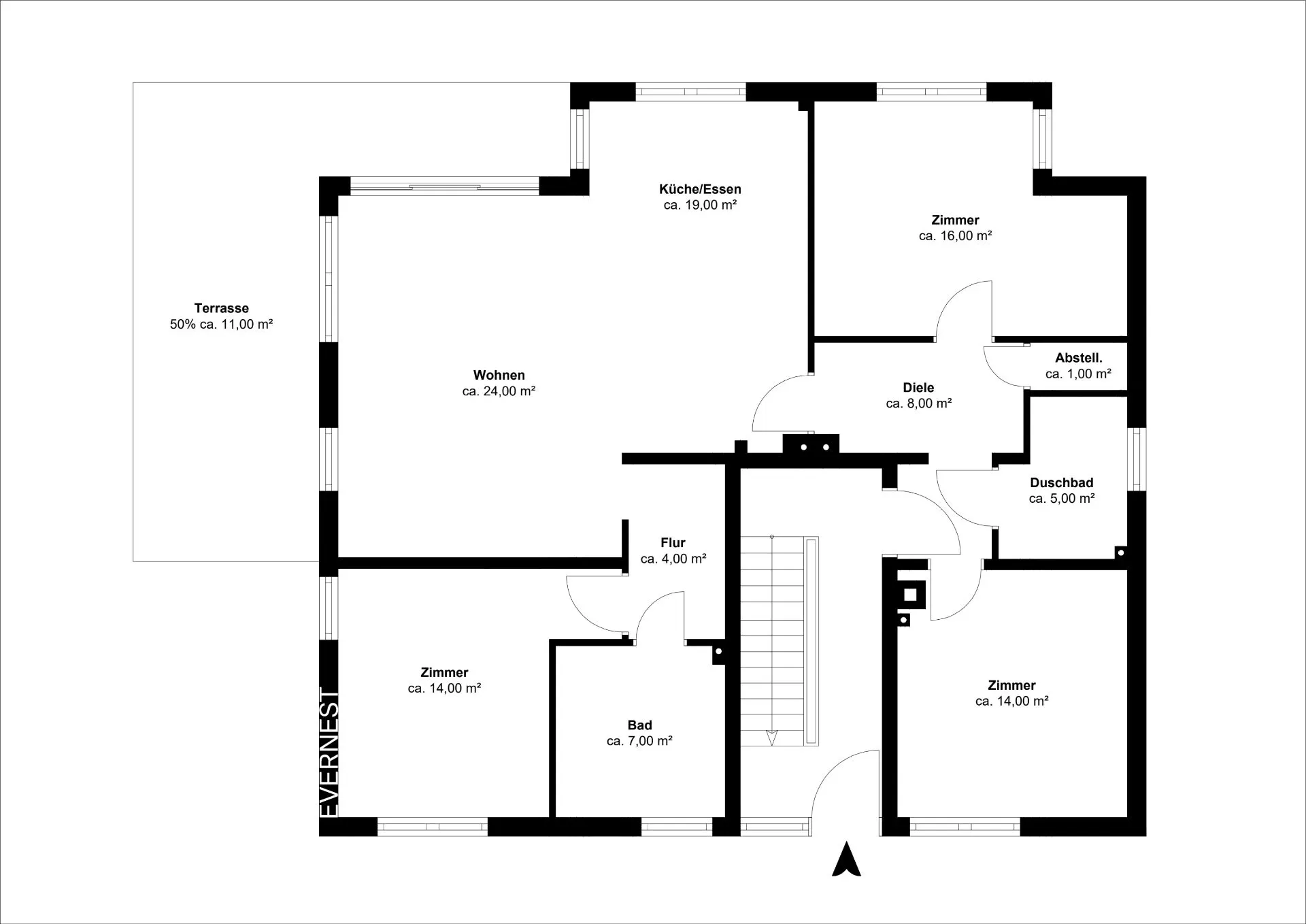 Grundriss mit Wohnzimmer, Küche, drei Zimmern, zwei Bädern, Diele, Flur, Abstellraum und Terrasse.
