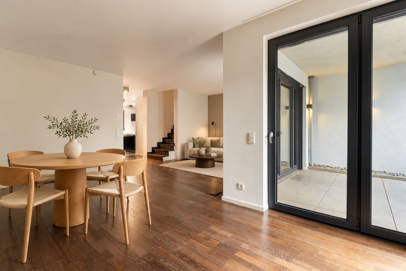 Helles Esszimmer mit rundem Holztisch, vier Stühlen und Zugang zur Terrasse, dahinter ein Wohnzimmer mit Sofa.