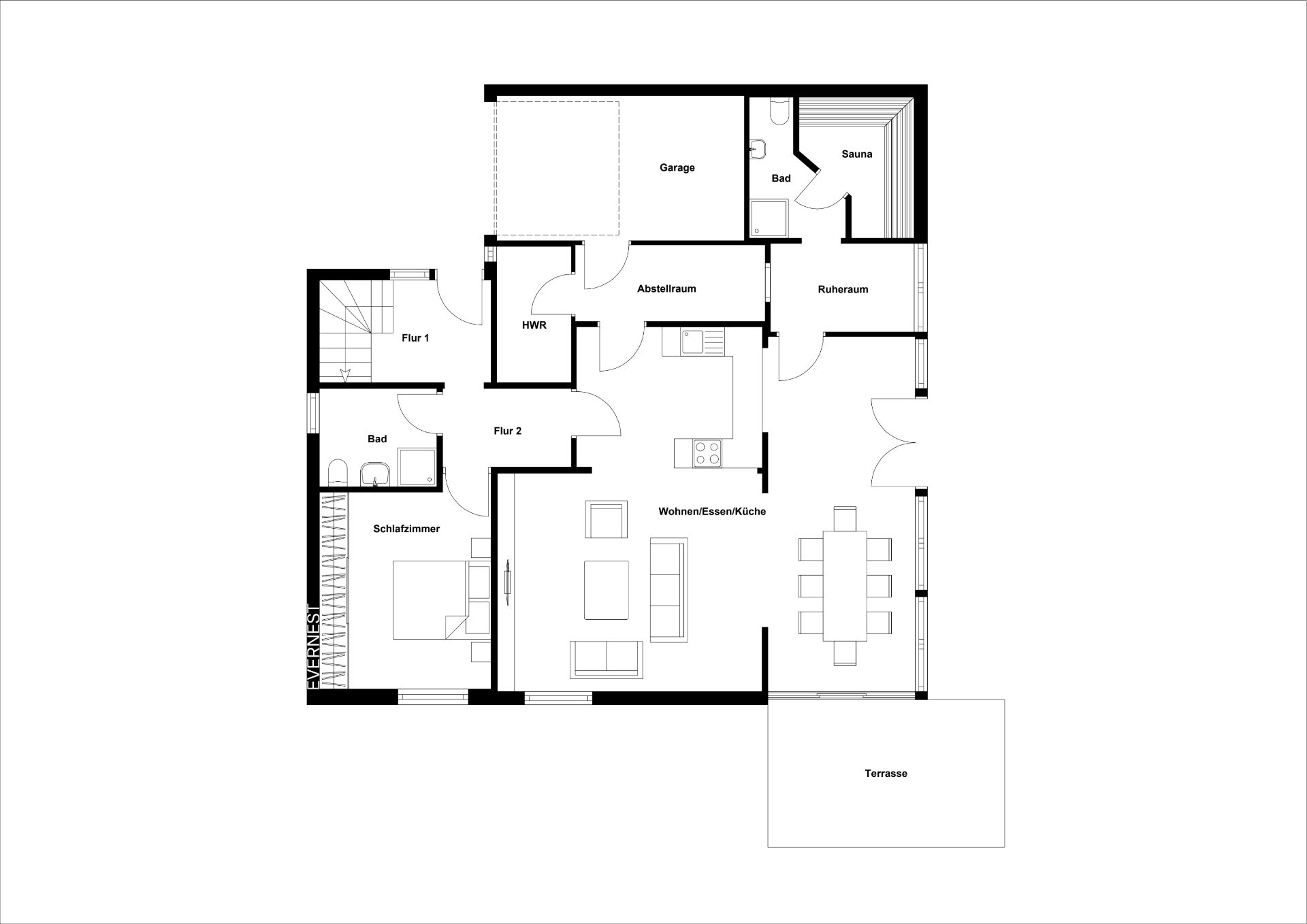 Grundriss eines Hauses mit Schlafzimmer, Wohnzimmer, Küche, Bad, Sauna, Garage und Terrasse.