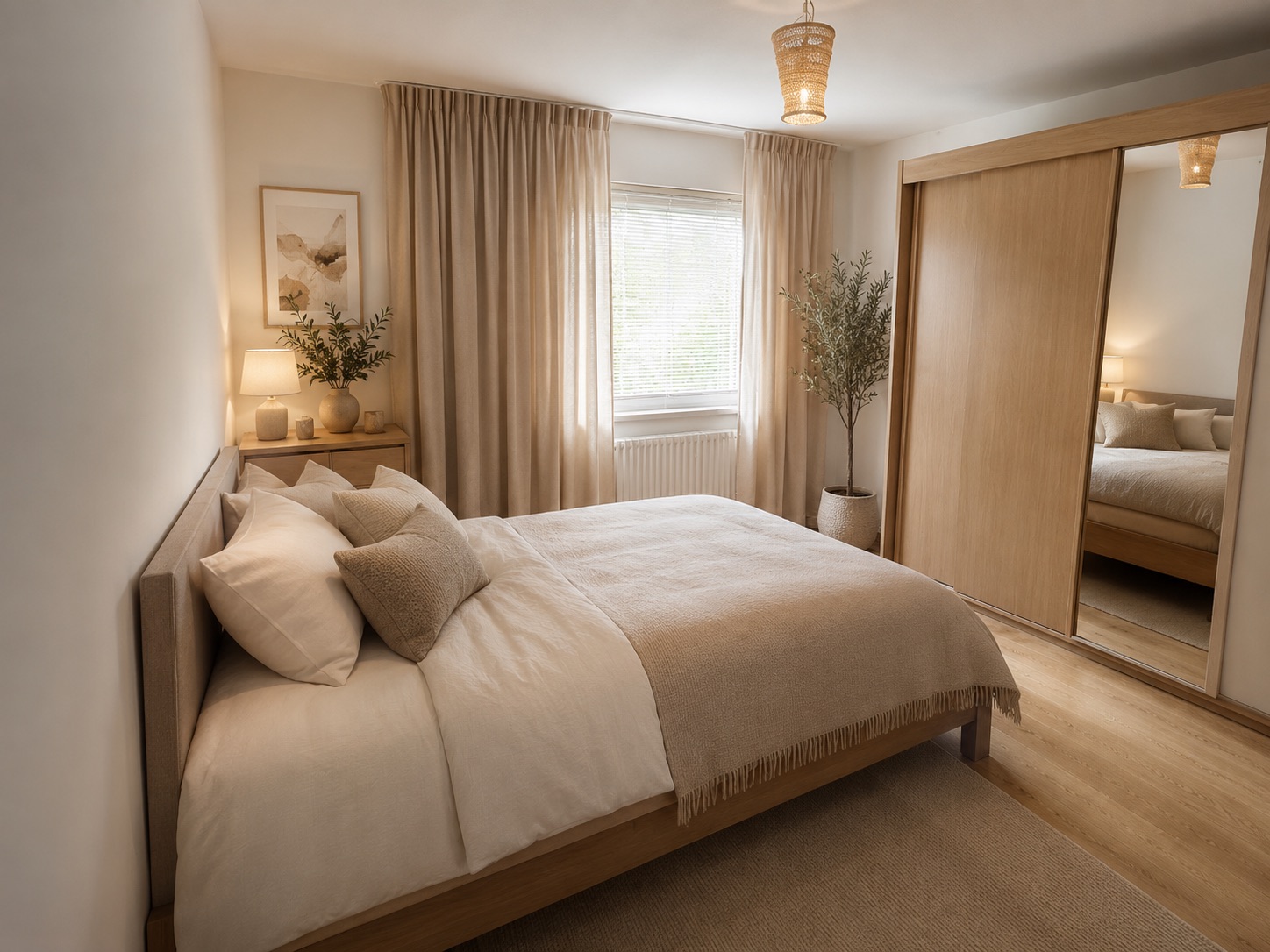 Helles Schlafzimmer mit Doppelbett, Spiegelkleiderschrank und großen Fenstern mit Vorhängen.