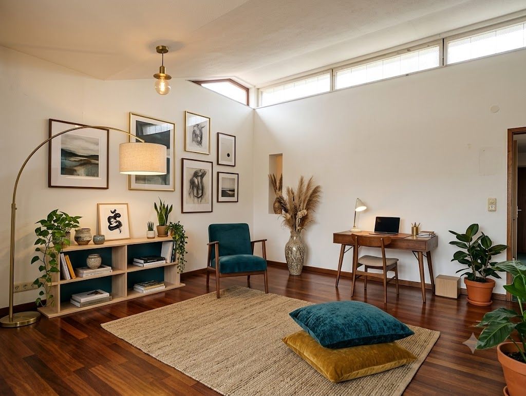 Modernes Wohnzimmer mit Holzboden, Teppich, Sessel, Schreibtisch, Regal, Pflanzen und Wandbildern.