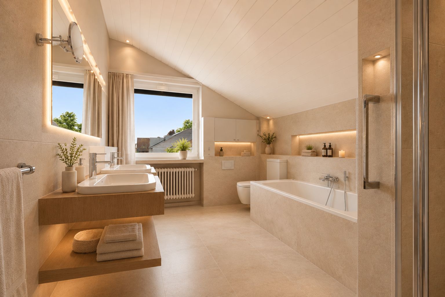 Modernes, helles Badezimmer mit zwei Waschbecken, Badewanne, Toilette und großem Fenster.