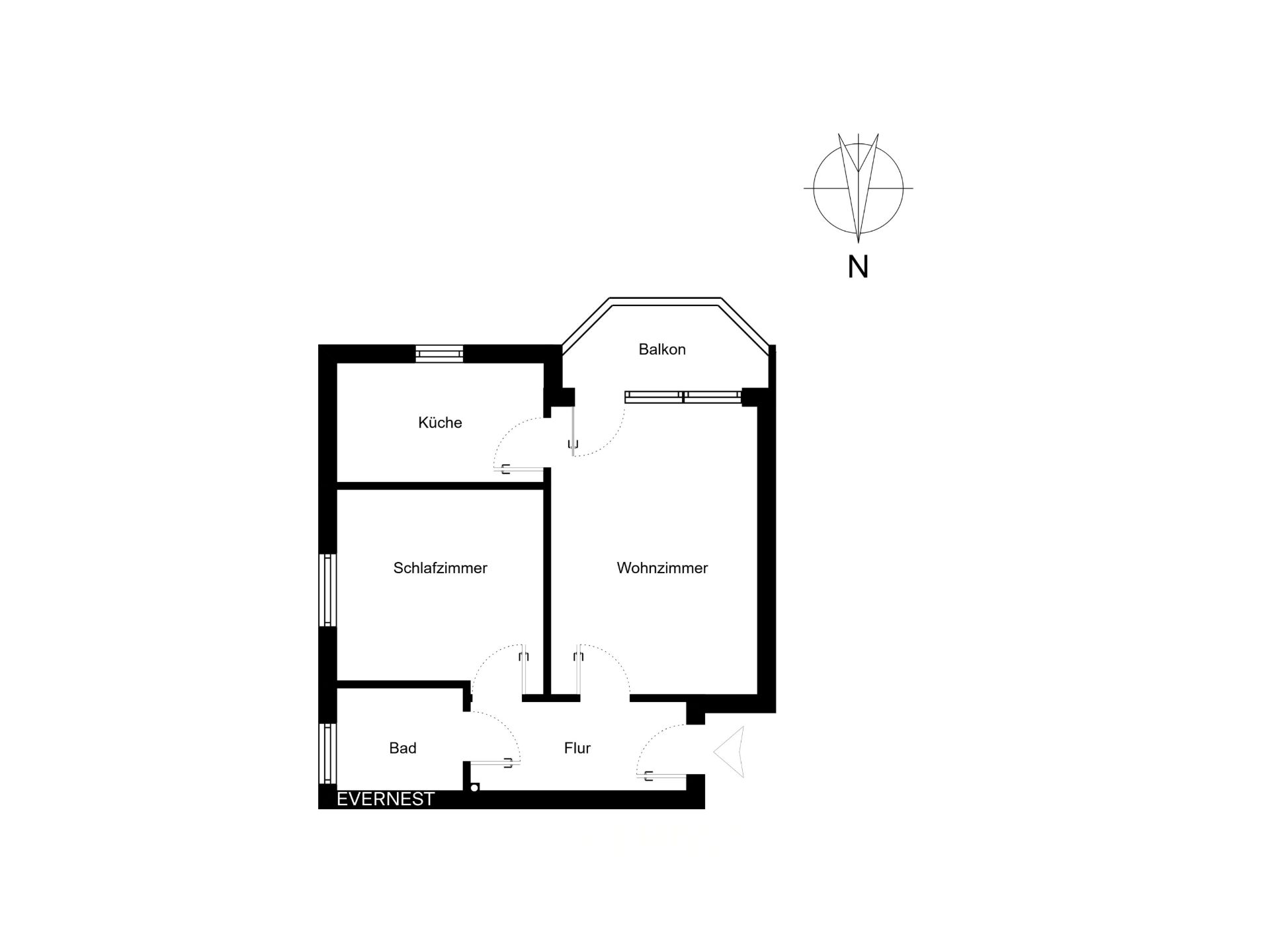 Grundriss einer Wohnung mit Wohnzimmer, Schlafzimmer, Küche, Bad, Flur und Balkon.