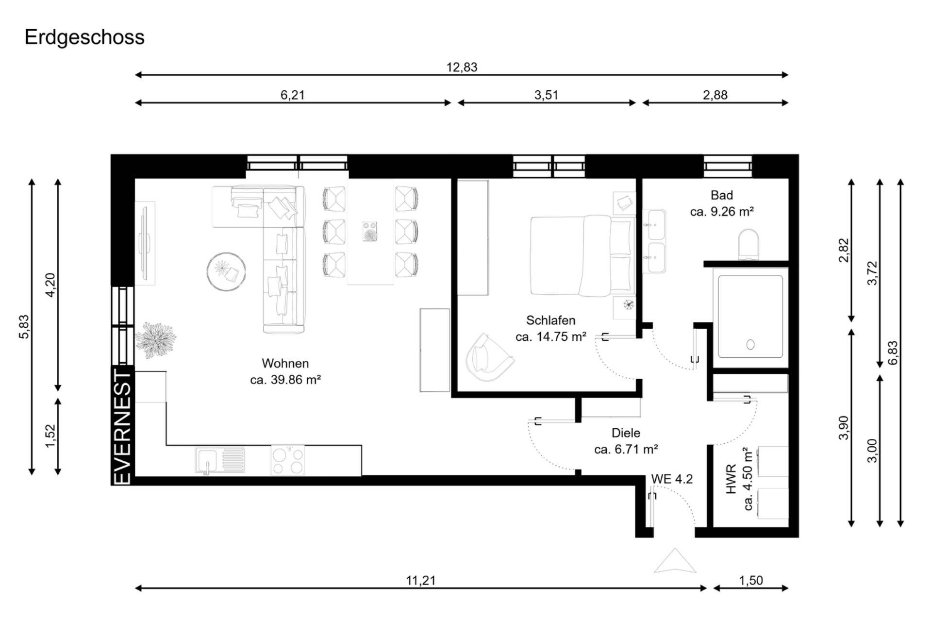 Grundriss einer Wohnung mit Wohnbereich, Schlafzimmer, Bad, Diele und Hauswirtschaftsraum.