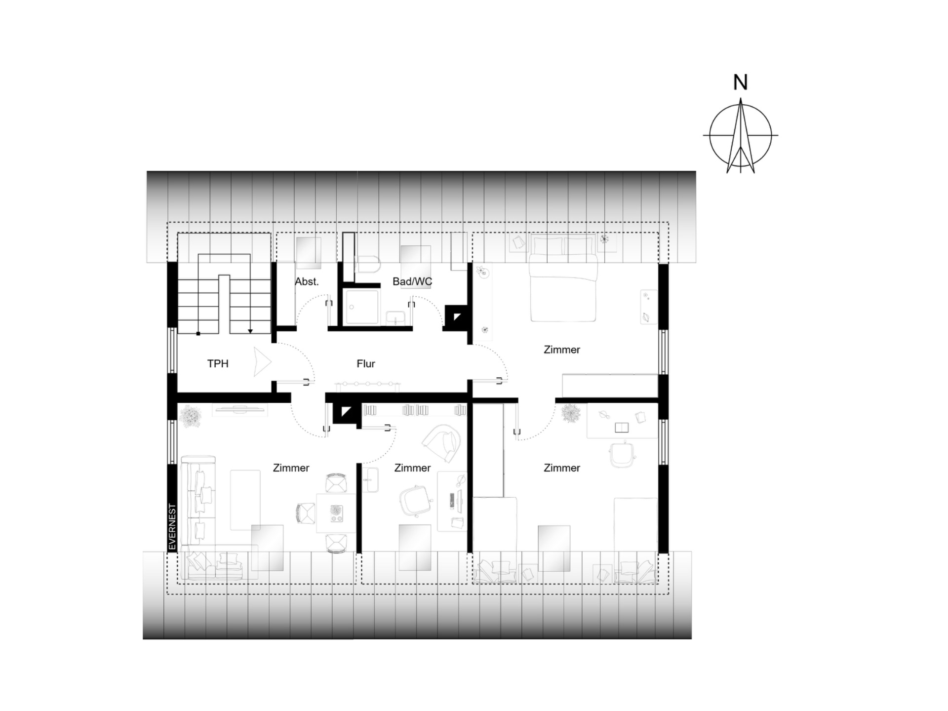 Grundriss einer Wohnung mit mehreren Zimmern, Bad, Flur und Abstellraum.