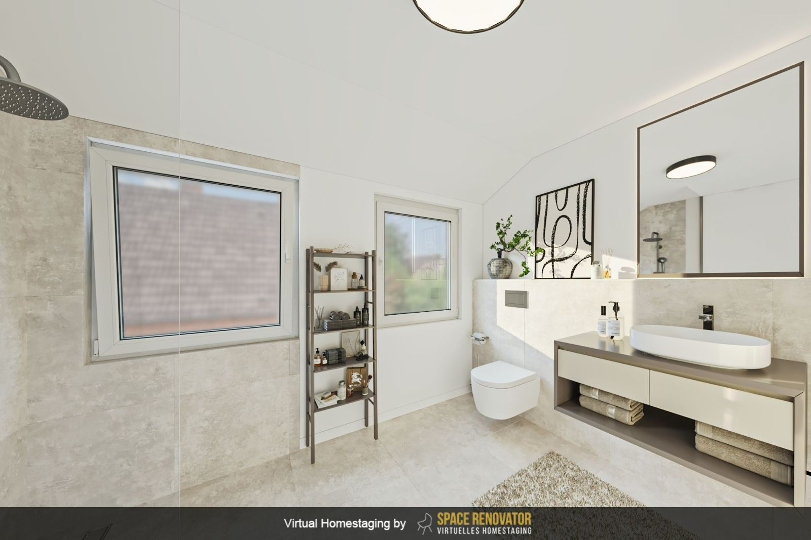 Modernes Badezimmer mit zwei Fenstern, Regal, Waschbecken, Spiegel und WC.
