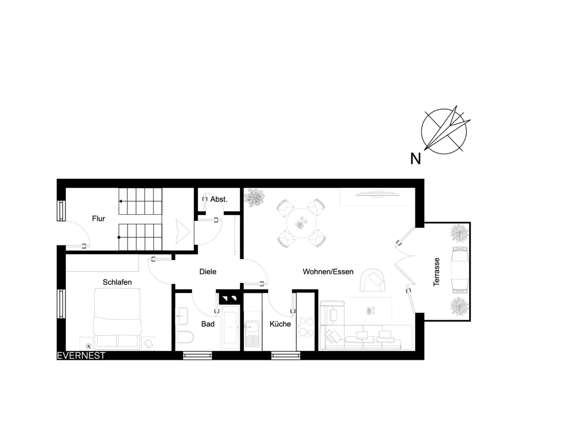 Grundriss einer Wohnung mit Schlafzimmer, Bad, Küche, Wohn-/Essbereich und Terrasse.