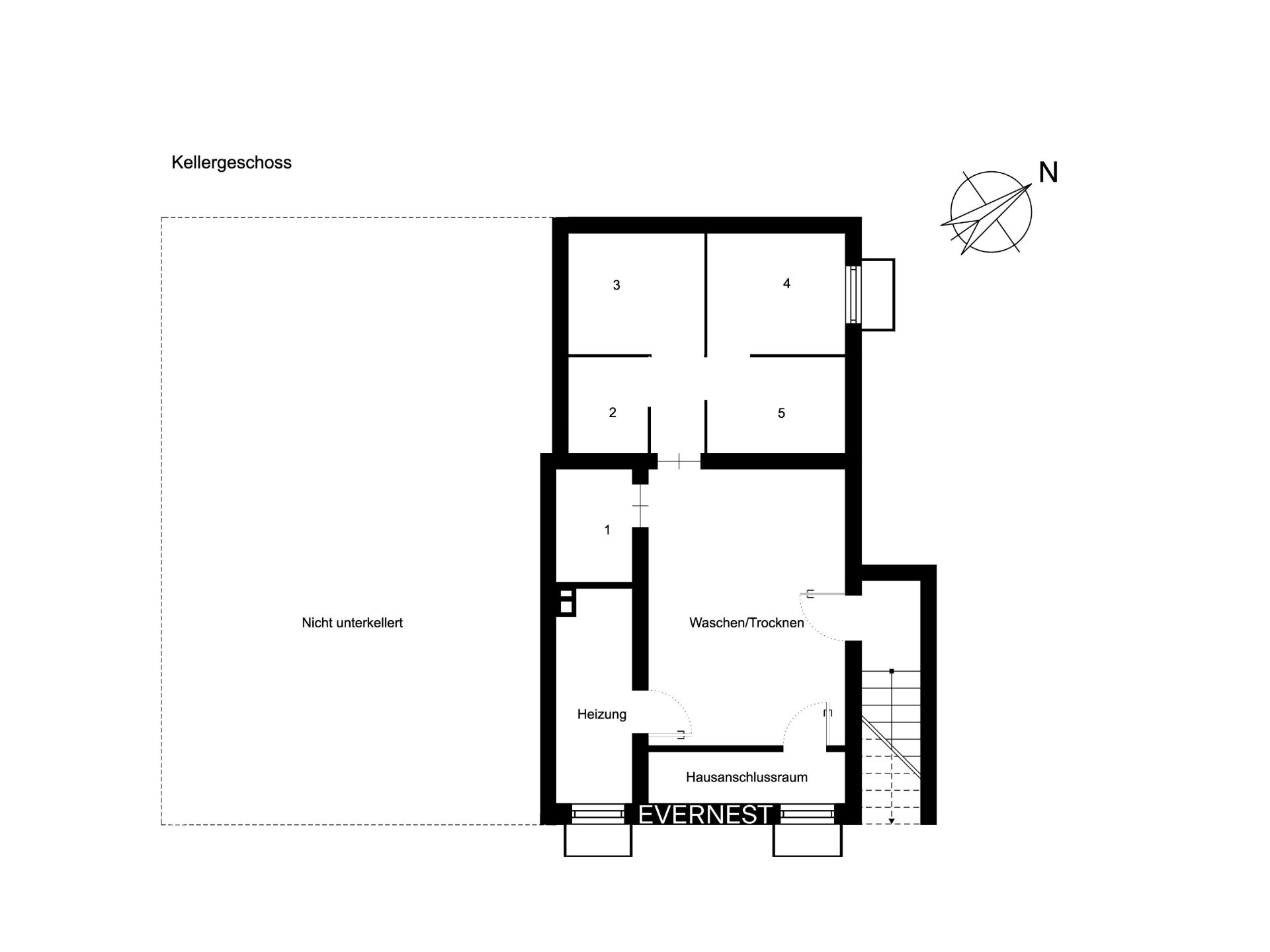 Grundriss des Kellers mit fünf Räumen, Heizung, Waschen/Trocknen und Hausanschlussraum.