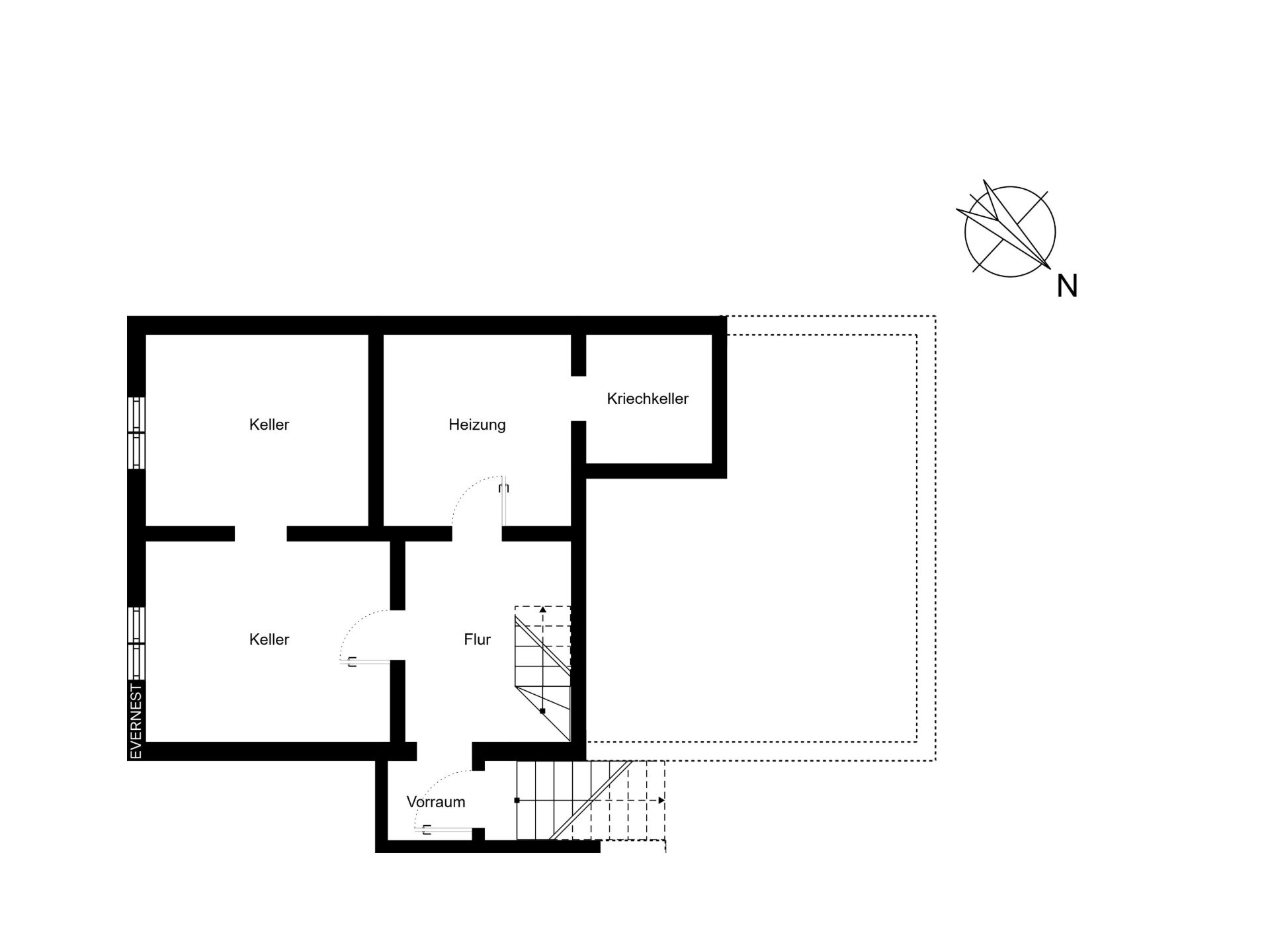 Grundriss eines Kellers mit Raumaufteilung, Flur, Heizungsraum und Vorraum.