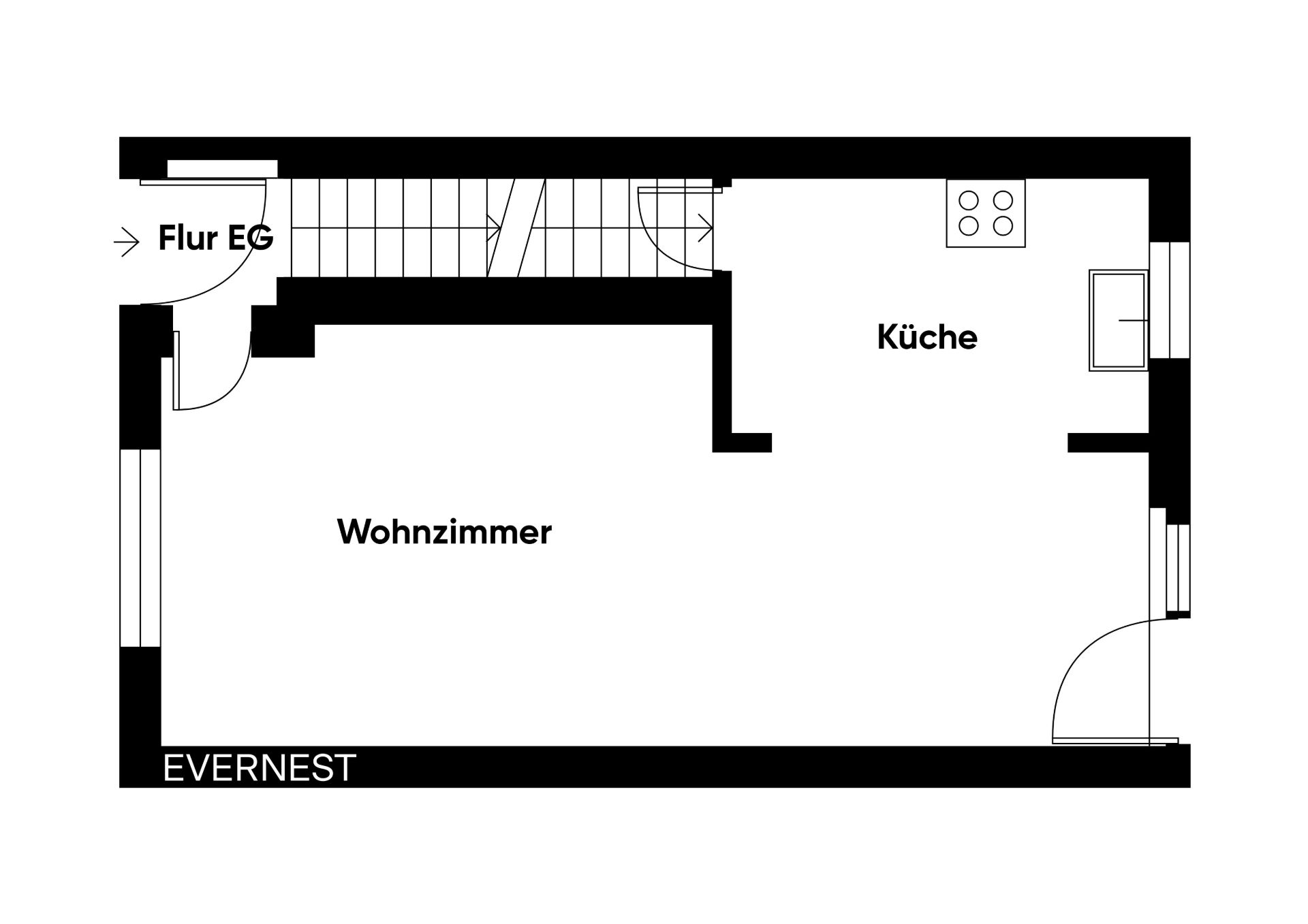 Grundriss mit Wohnzimmer, Küche und Flur im Erdgeschoss.