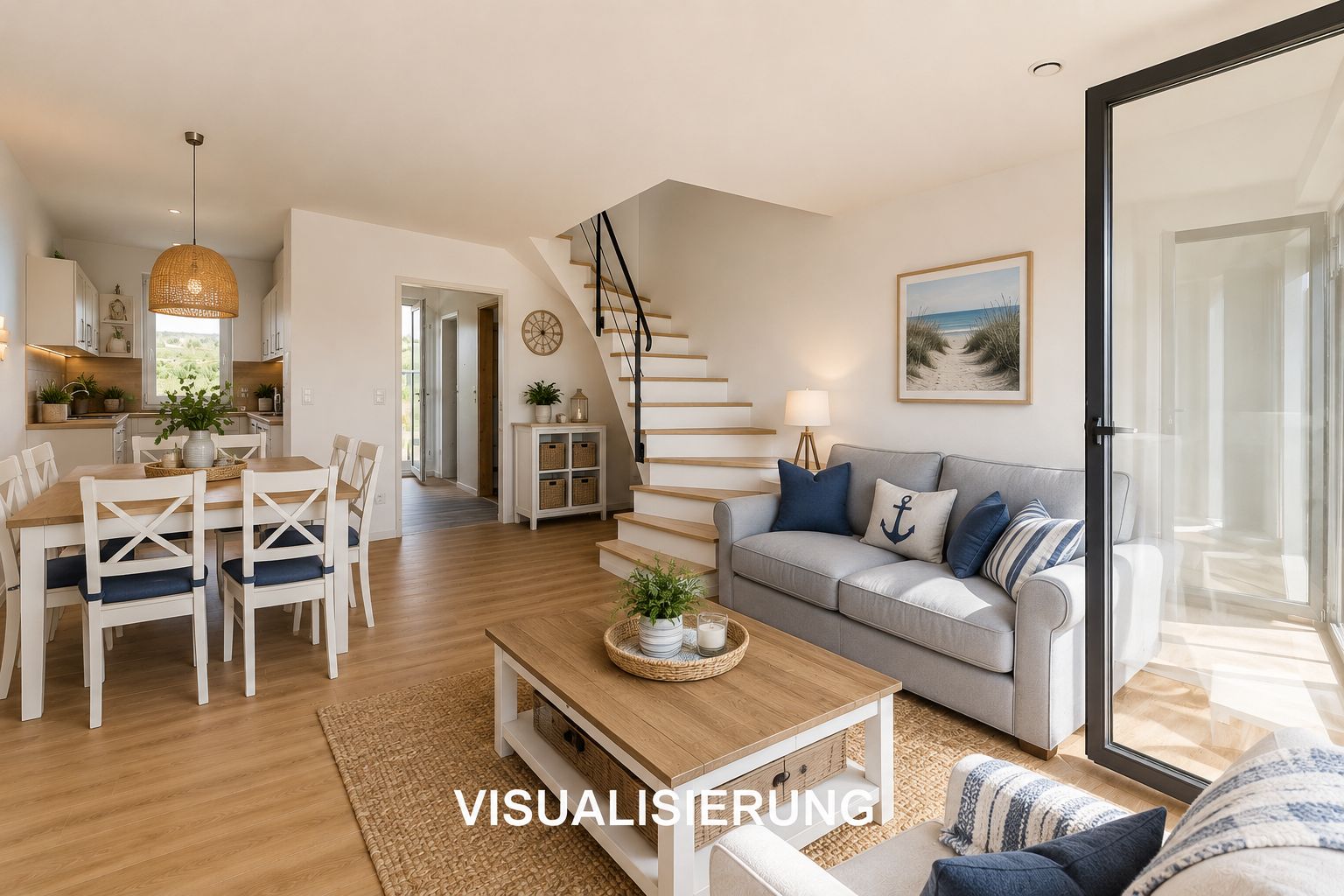 Helles Wohnzimmer mit Sofa, Essbereich, offener Küche und Treppe, Holzboden und großer Fensterfront.