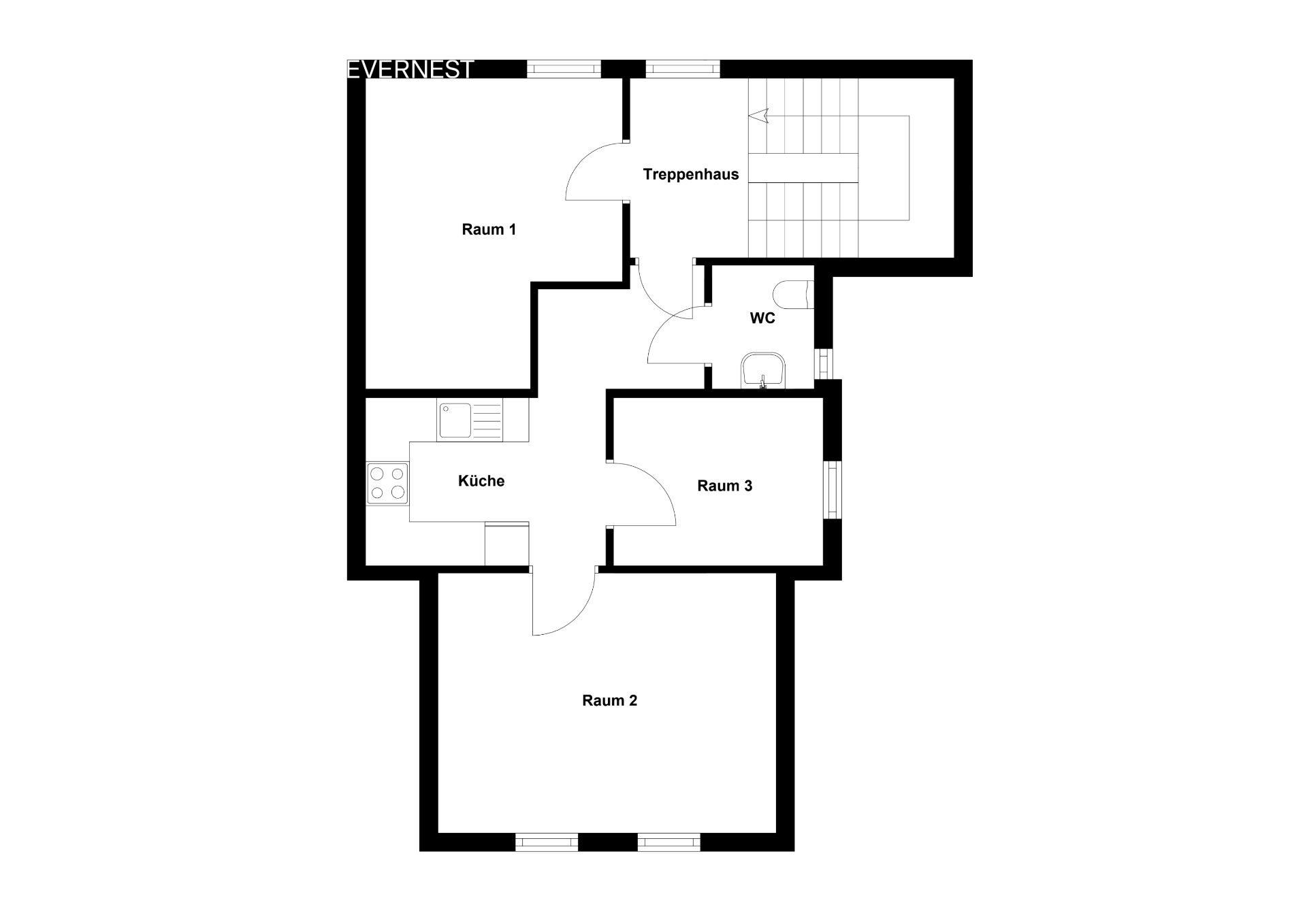 Grundriss mit drei Räumen, Küche, WC und Treppenhaus.