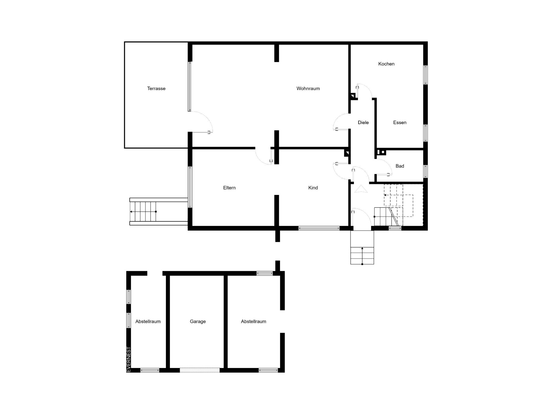 Grundriss mit Wohnzimmer, Schlafzimmer, Kinderzimmer, Küche, Bad, Garage und Abstellräumen.