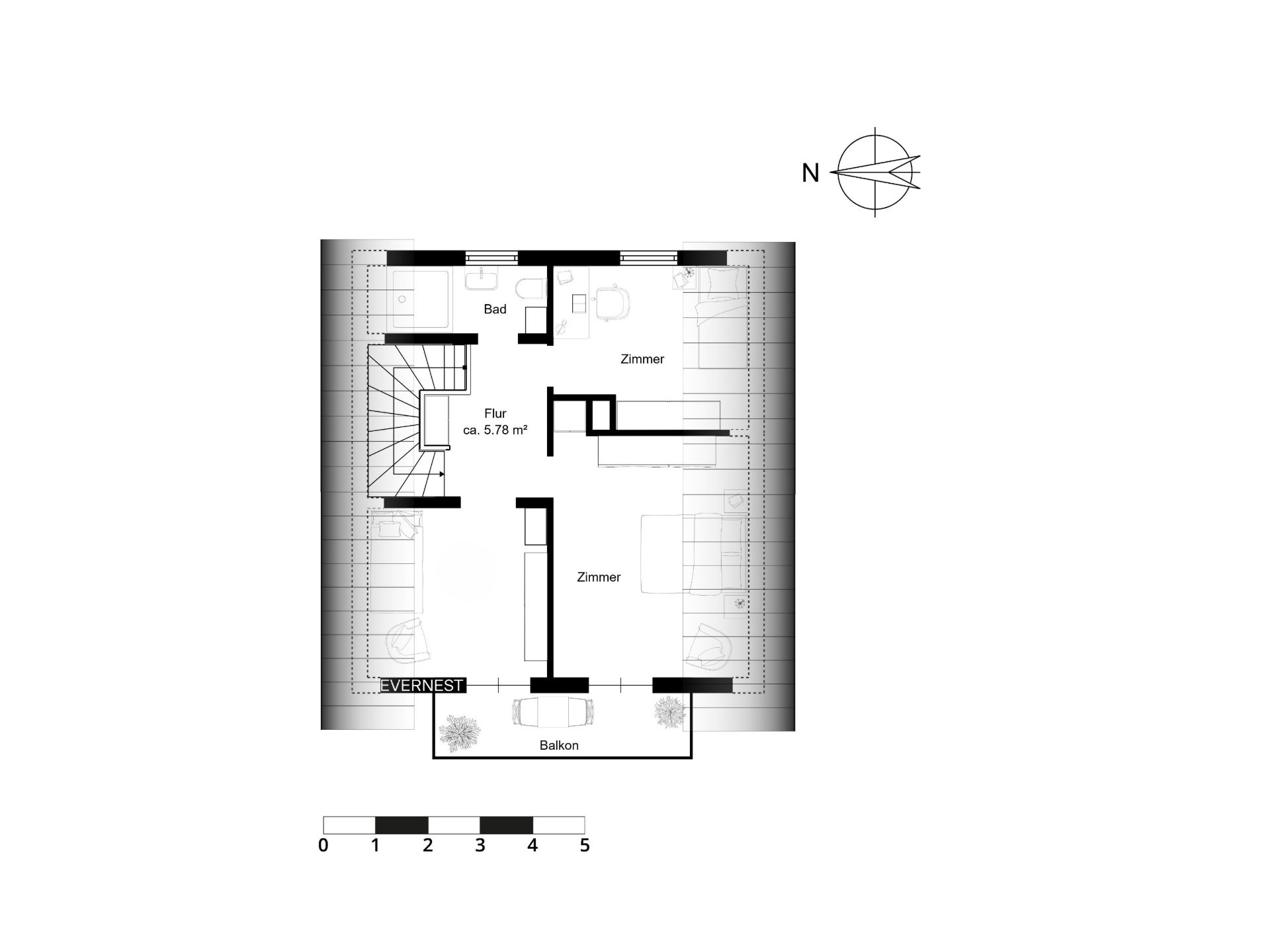 Grundriss mit Flur, Bad, zwei Zimmern und Balkon, Norden ist markiert.