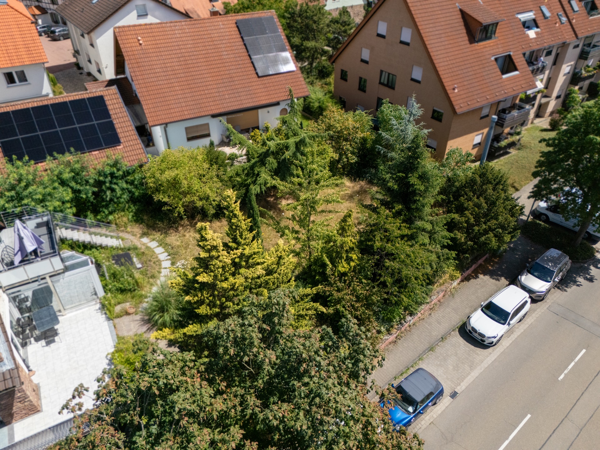 Luftaufnahme eines Gartengrundstücks mit Bäumen, angrenzend an Wohnhäuser und eine Straße mit parkenden Autos.