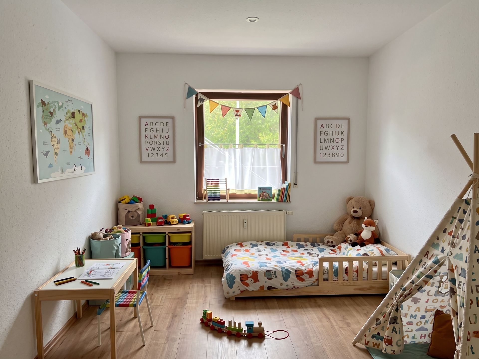 Helles Kinderzimmer mit Bett, Spielzeug, Maltisch, Stauraum und Tipi-Zelt.