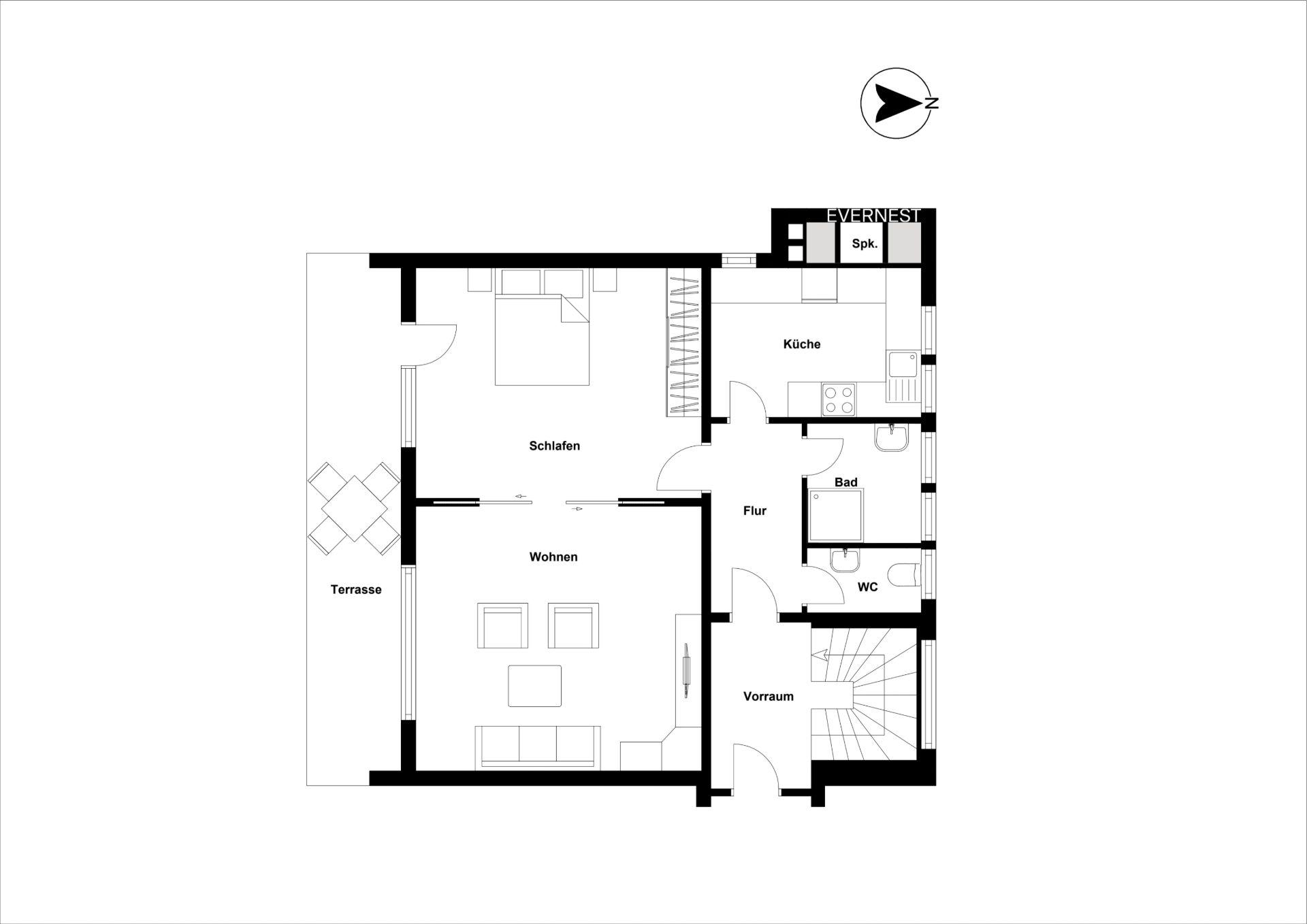 Grundriss einer Wohnung mit Schlafzimmer, Wohnzimmer, Küche, Bad, WC, Vorraum und Terrasse.