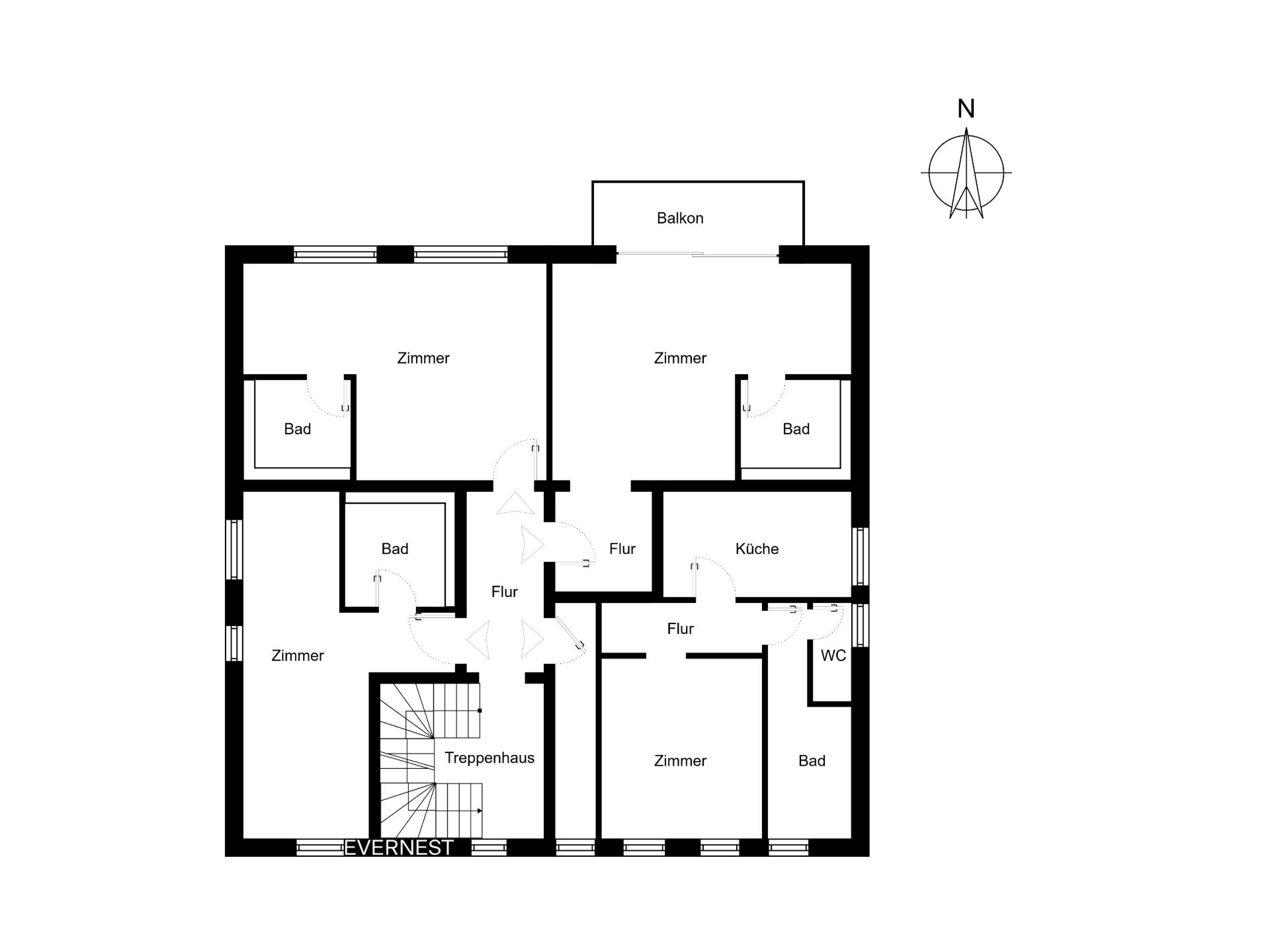 Grundriss einer Wohnung mit mehreren Zimmern, Bädern, Küche, WC, Balkon und Treppenhaus.