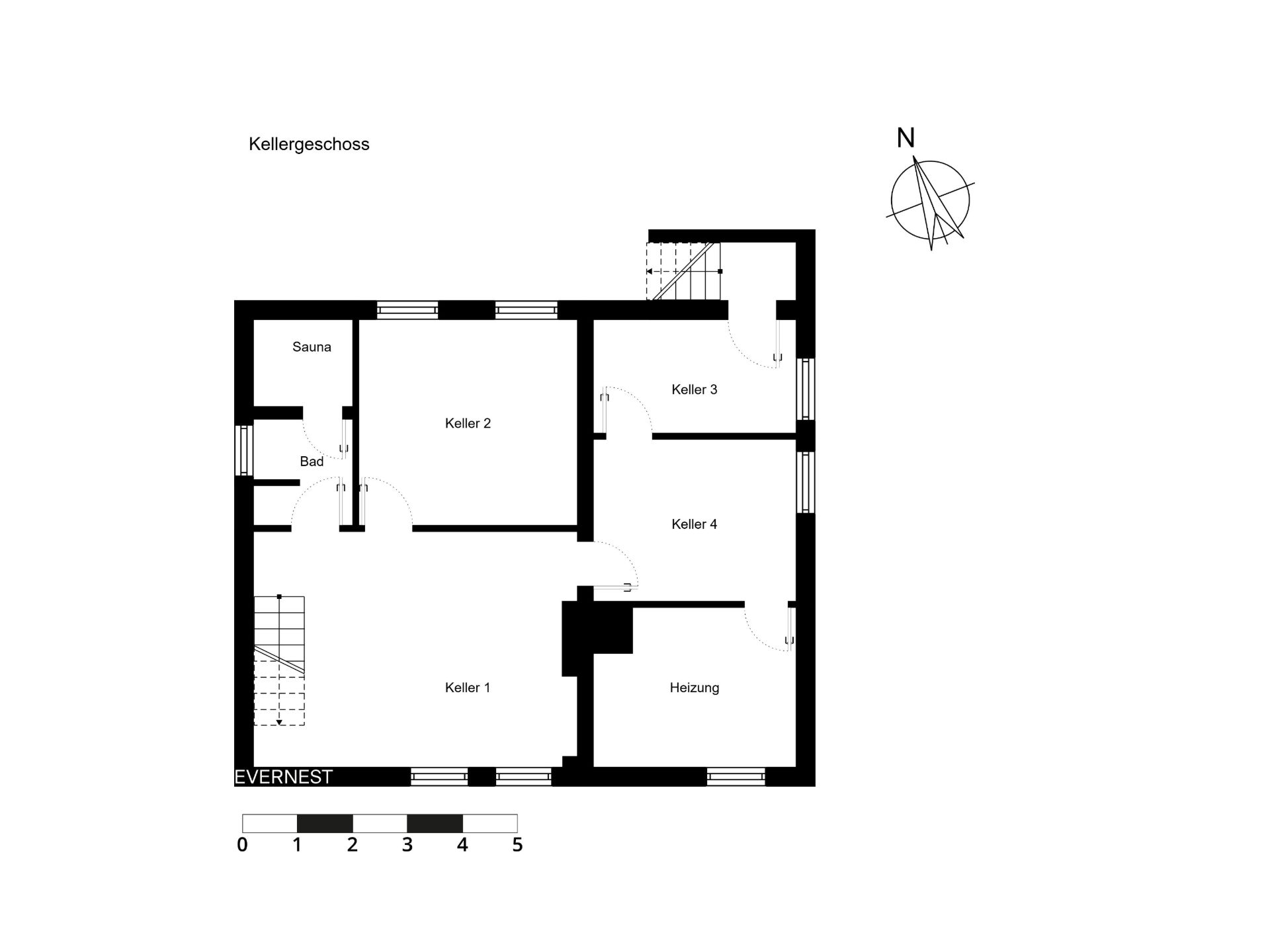 Grundriss eines Kellers mit vier Kellerräumen, Heizung, Bad und Sauna.