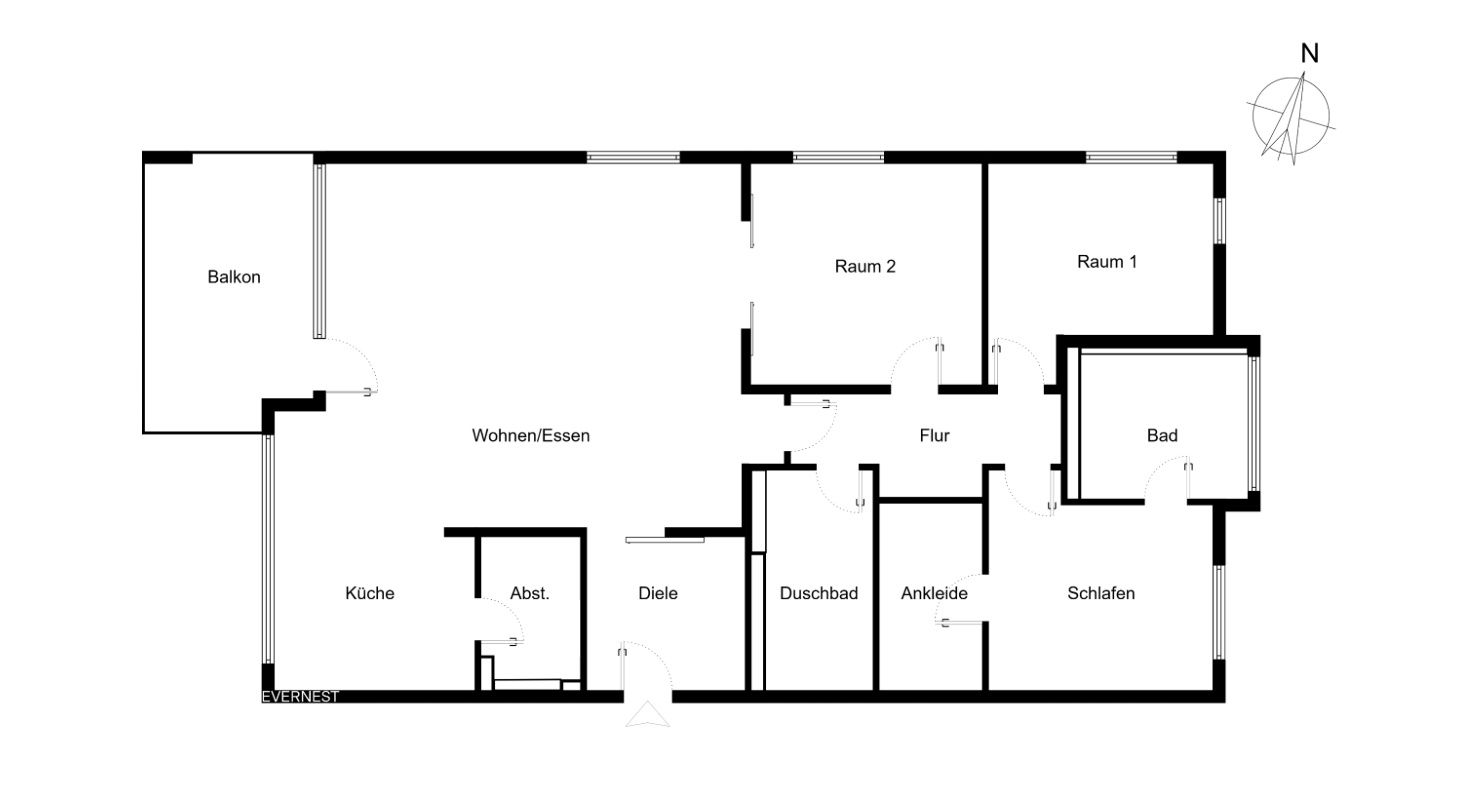 Grundriss einer Wohnung mit Balkon, Wohnzimmer, Küche, drei Zimmern, Bad, Duschbad und Ankleide.