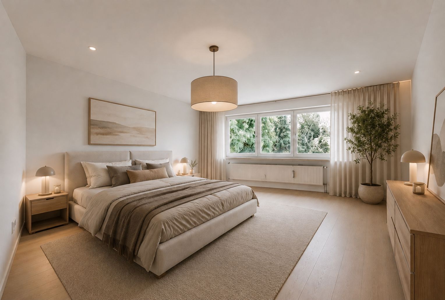Modernes Schlafzimmer mit großem Bett, Holzmöbeln, großem Fenster und einer Pflanze.