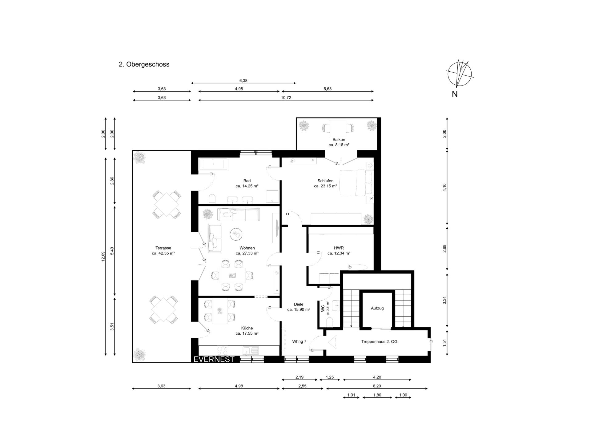 Grundriss einer Wohnung mit Terrasse, Balkon, Wohnzimmer, Schlafzimmer, Bad und Küche.