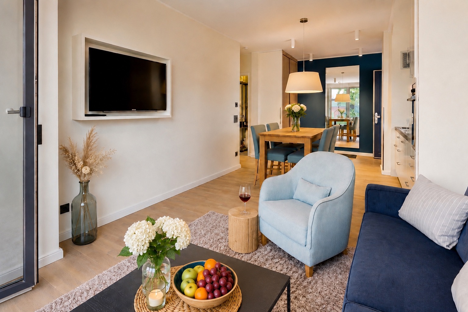 Helles Wohnzimmer mit Sessel, Sofa, Couchtisch mit Obstschale und Fernseher an der Wand.
