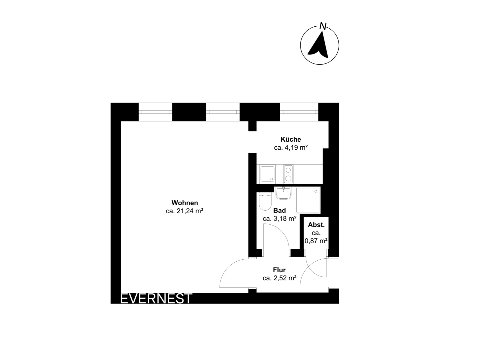Grundriss einer Wohnung mit Wohnraum, Küche, Bad, Flur und Abstellraum.