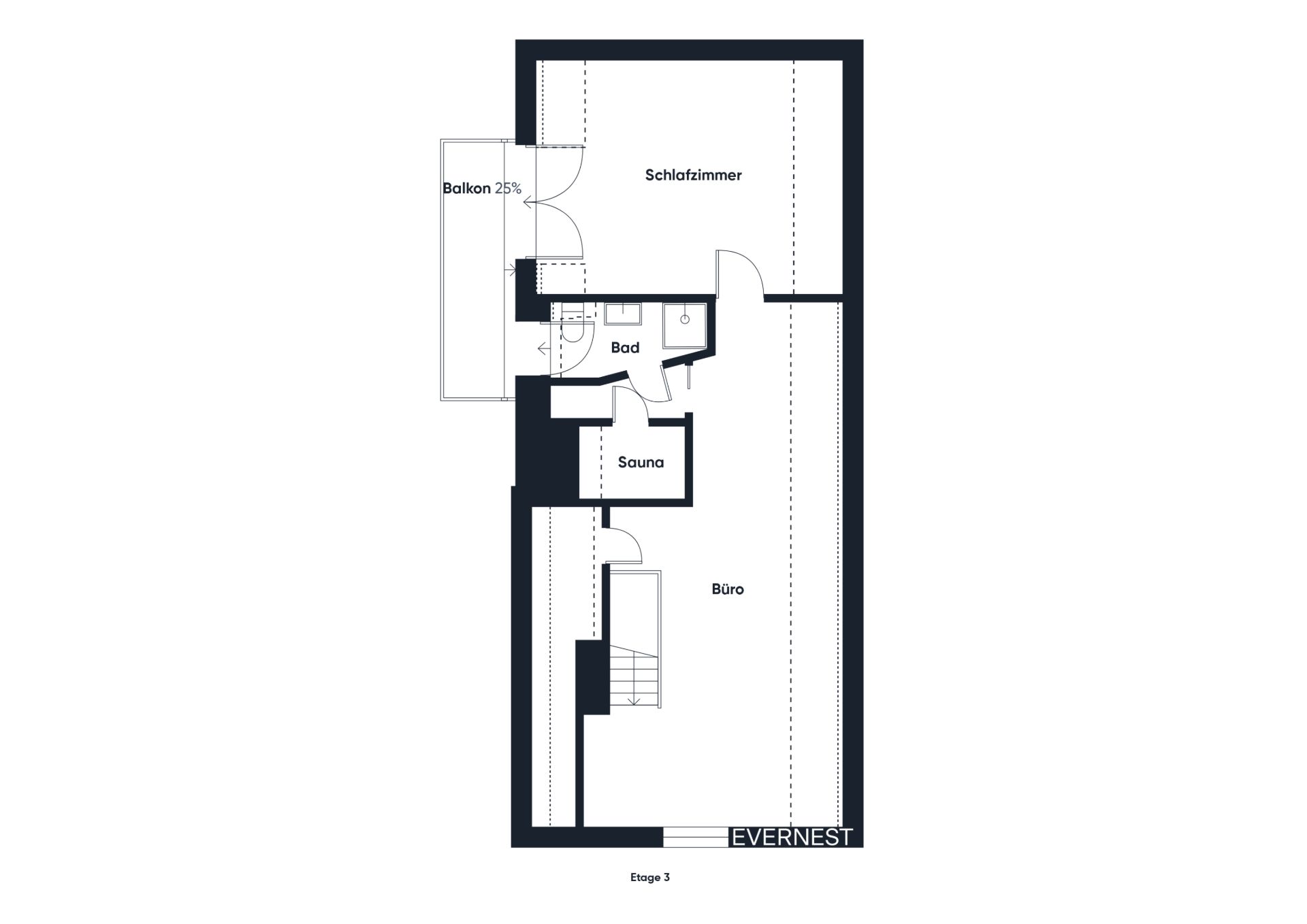 Grundriss mit Schlafzimmer, Bad, Sauna, Büro und Balkon.