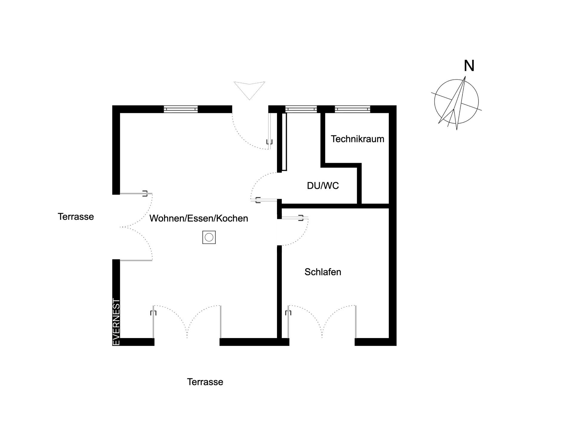 Grundriss einer Wohnung mit Schlafzimmer, Bad, Technikraum und Wohnbereich mit Küche.