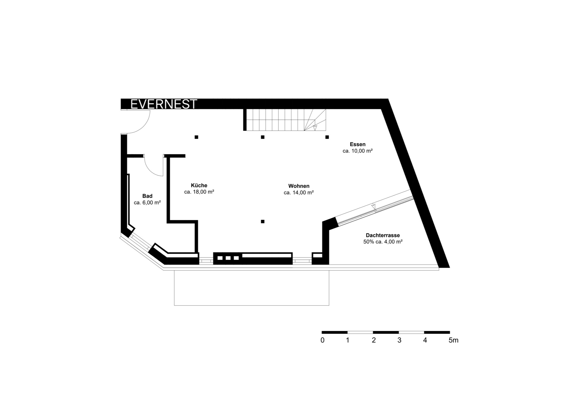 Grundriss einer Wohnung mit Küche, Bad, Wohn- und Essbereich sowie Dachterrasse.
