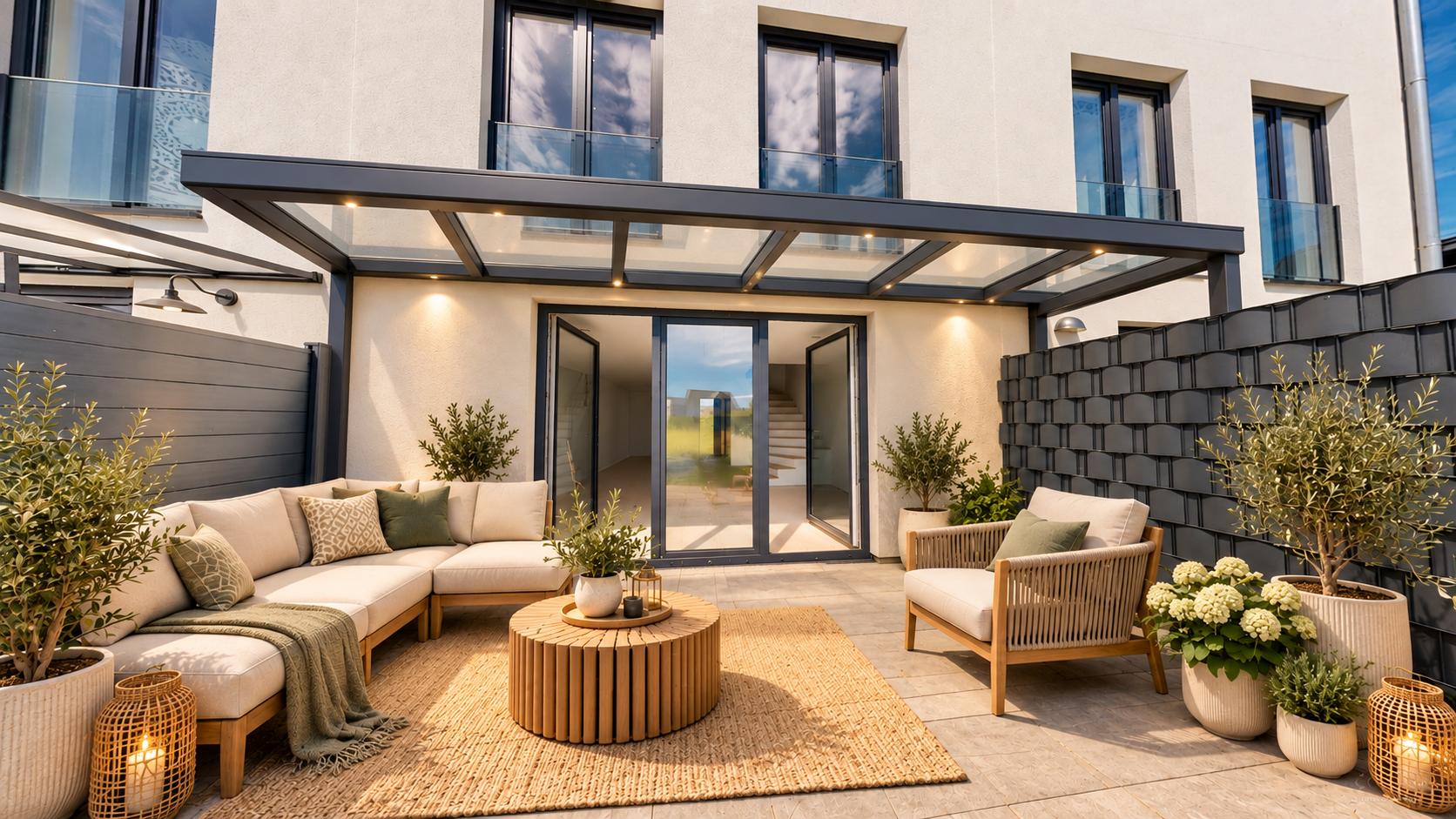 Moderne Terrasse mit Sofa, Sesseln, Pflanzen und Glasüberdachung vor einem Wohnhaus.
