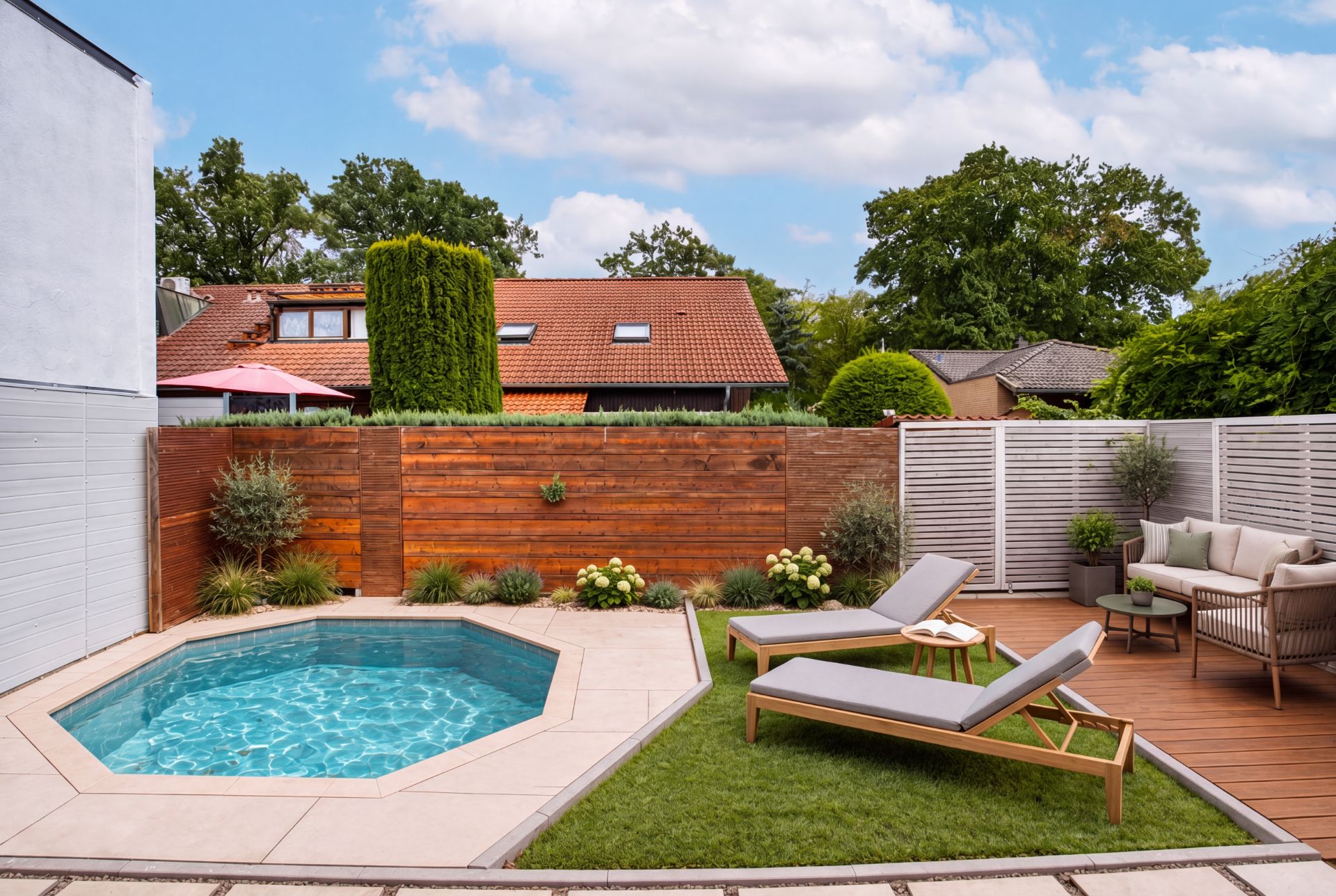 Garten mit kleinem Pool, zwei Liegestühlen, Sitzgruppe und Holzzaun.