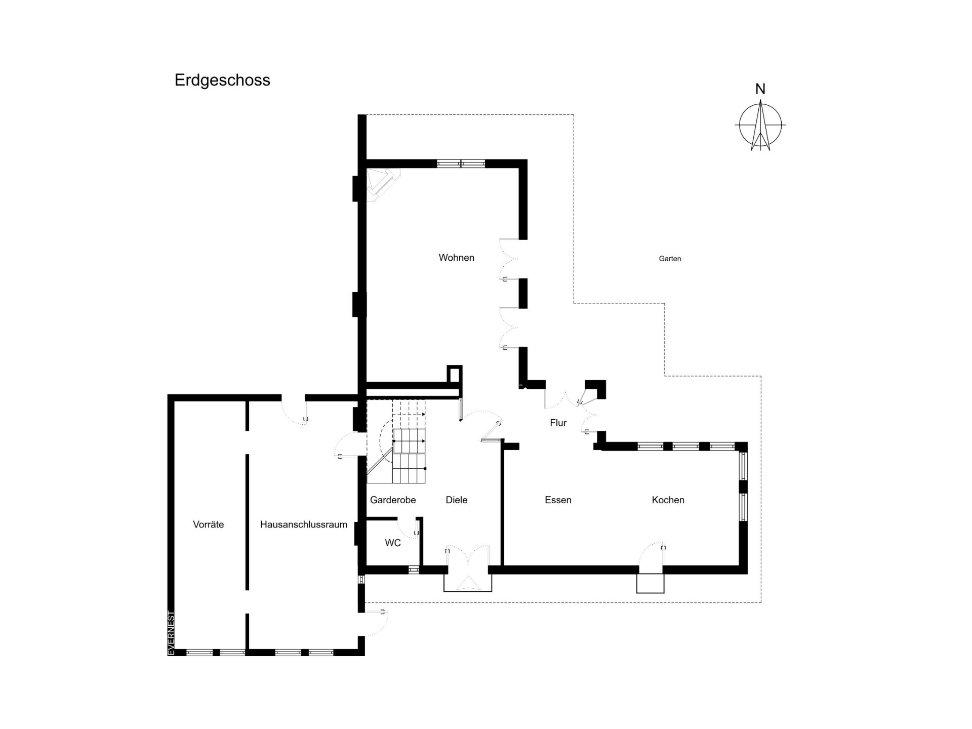 Grundriss des Erdgeschosses eines Hauses mit Räumen wie Wohnen, Essen, Kochen und WC.
