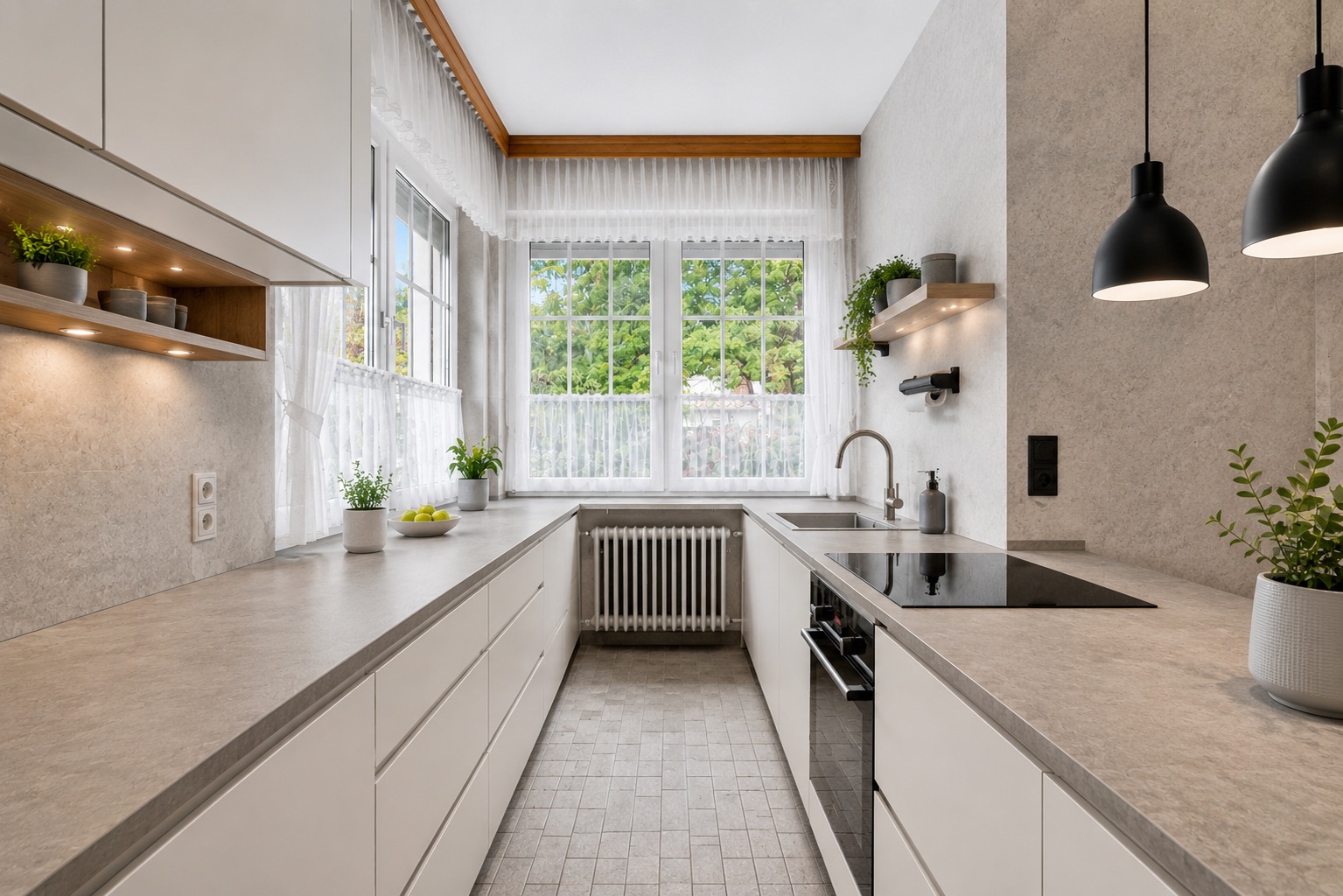 Helle, moderne Küche mit großen Fenstern, weißen Schränken und Pflanzen auf den Arbeitsflächen.