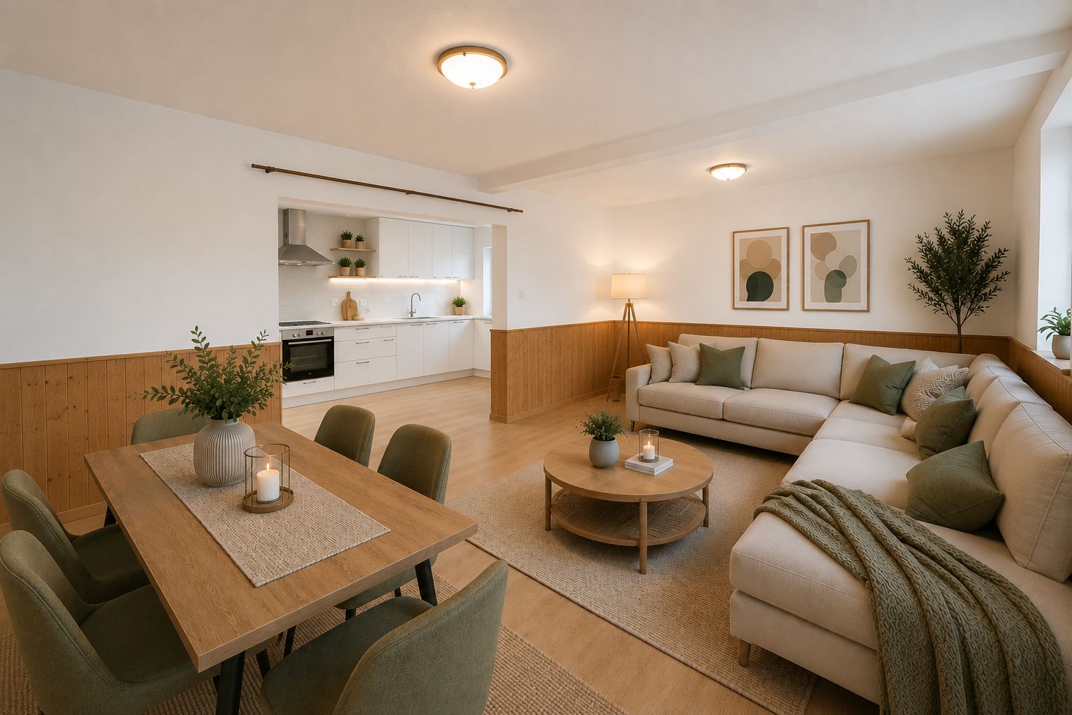 Helles Wohnzimmer mit Ecksofa, Esstisch und offener Küche in modernem Stil.