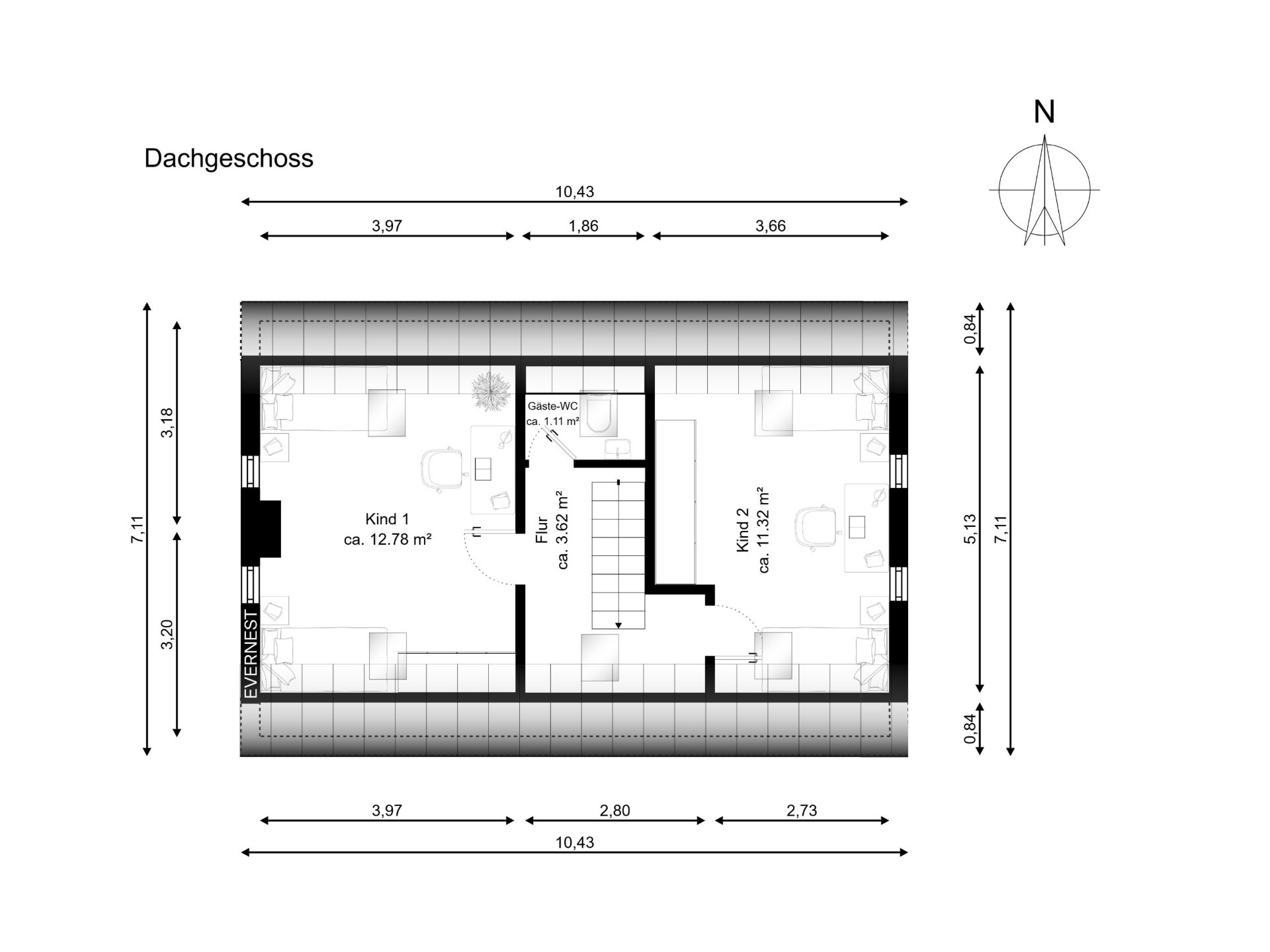 Grundriss eines Dachgeschosses mit zwei Kinderzimmern, Flur und Gäste-WC.
