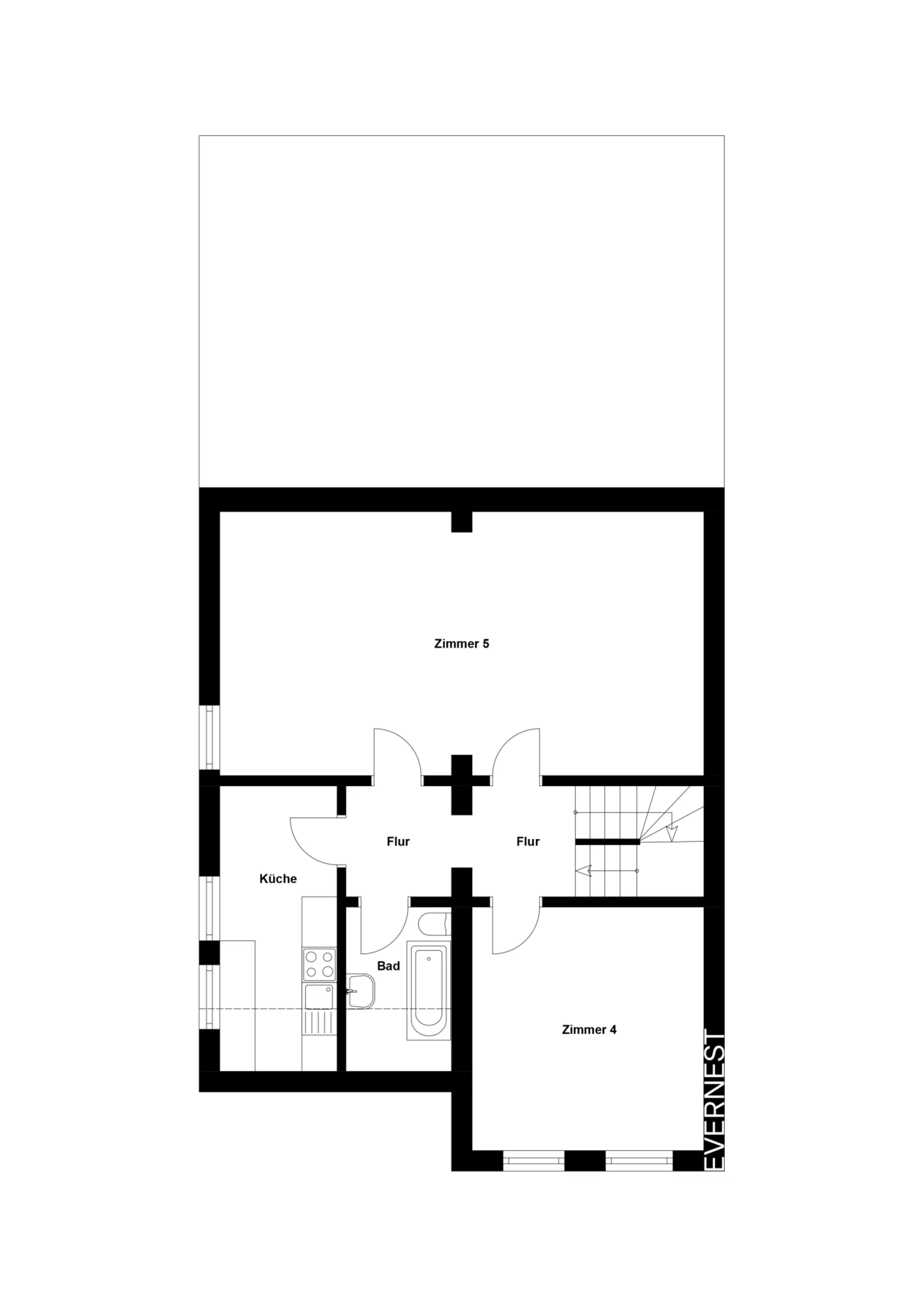 Grundriss mit Küche, Bad, zwei Zimmern und Flur.