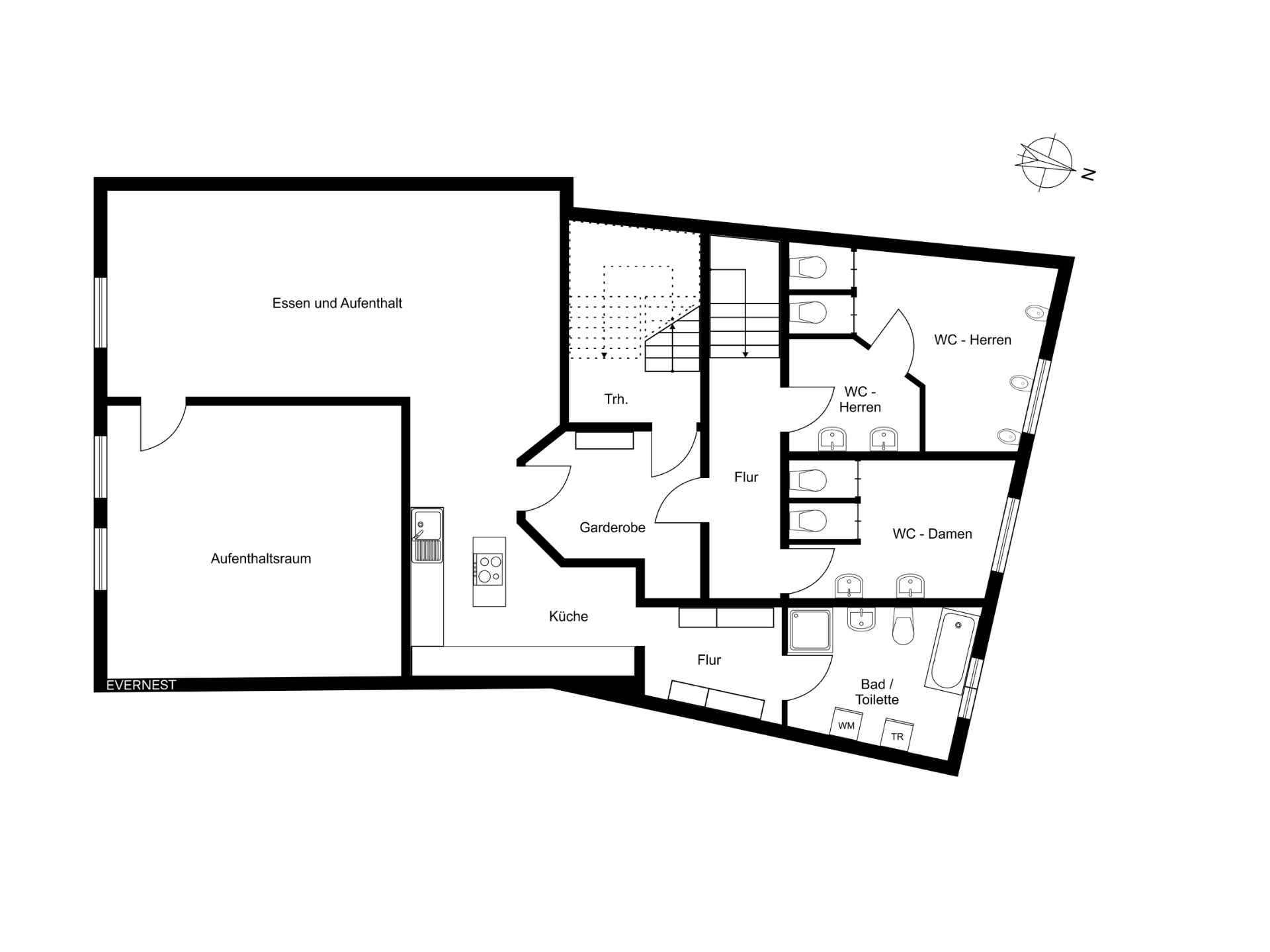 Grundriss einer Wohnung mit Küche, Aufenthaltsräumen, Fluren und mehreren Badezimmern.
