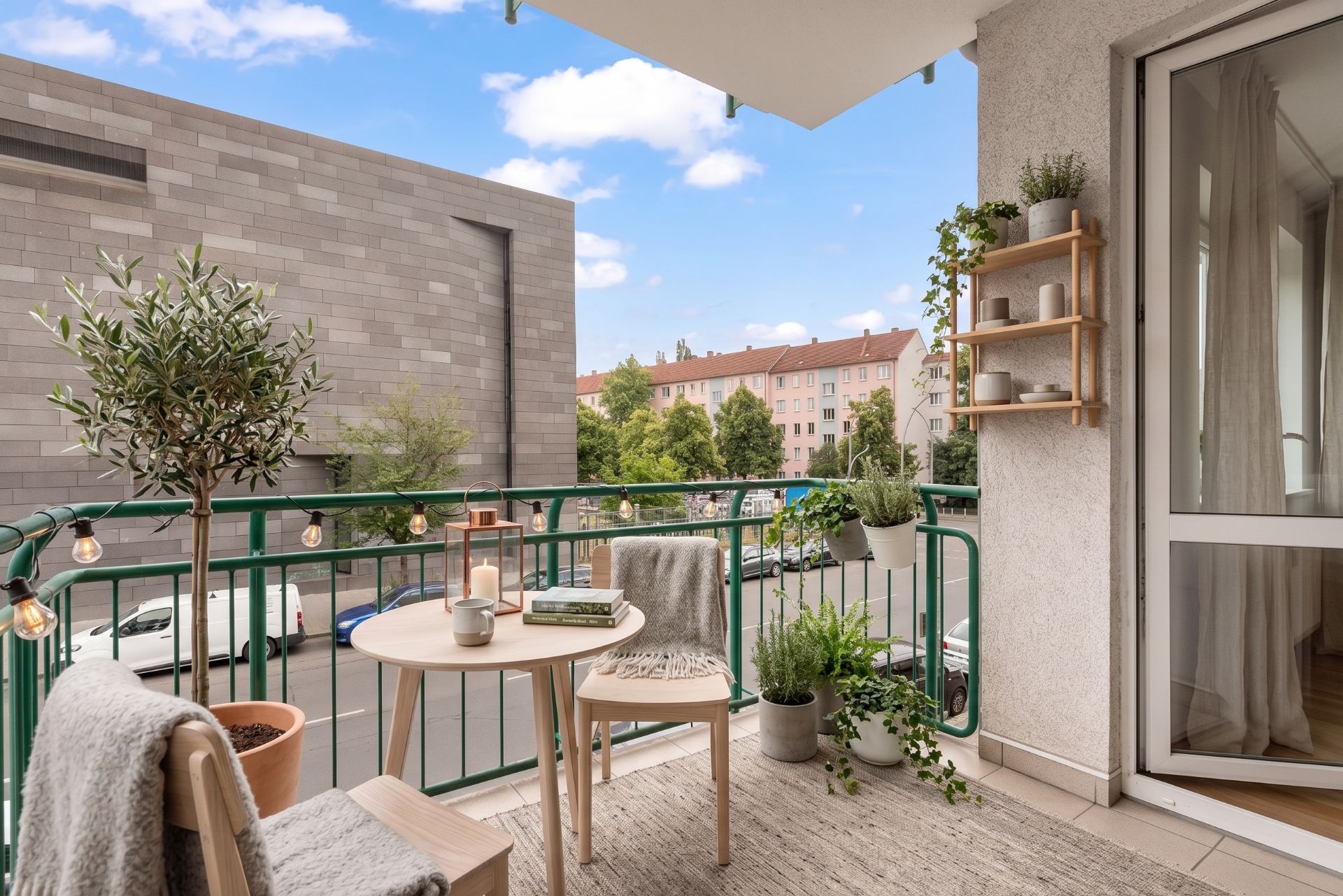 Balkon mit Tisch, zwei Stühlen, Pflanzen und Blick auf eine ruhige Wohnstraße.