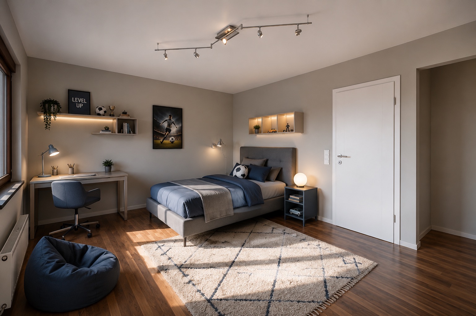 Modernes Schlafzimmer mit Schreibtisch, Bett, Sitzsack und Teppich auf Holzboden.