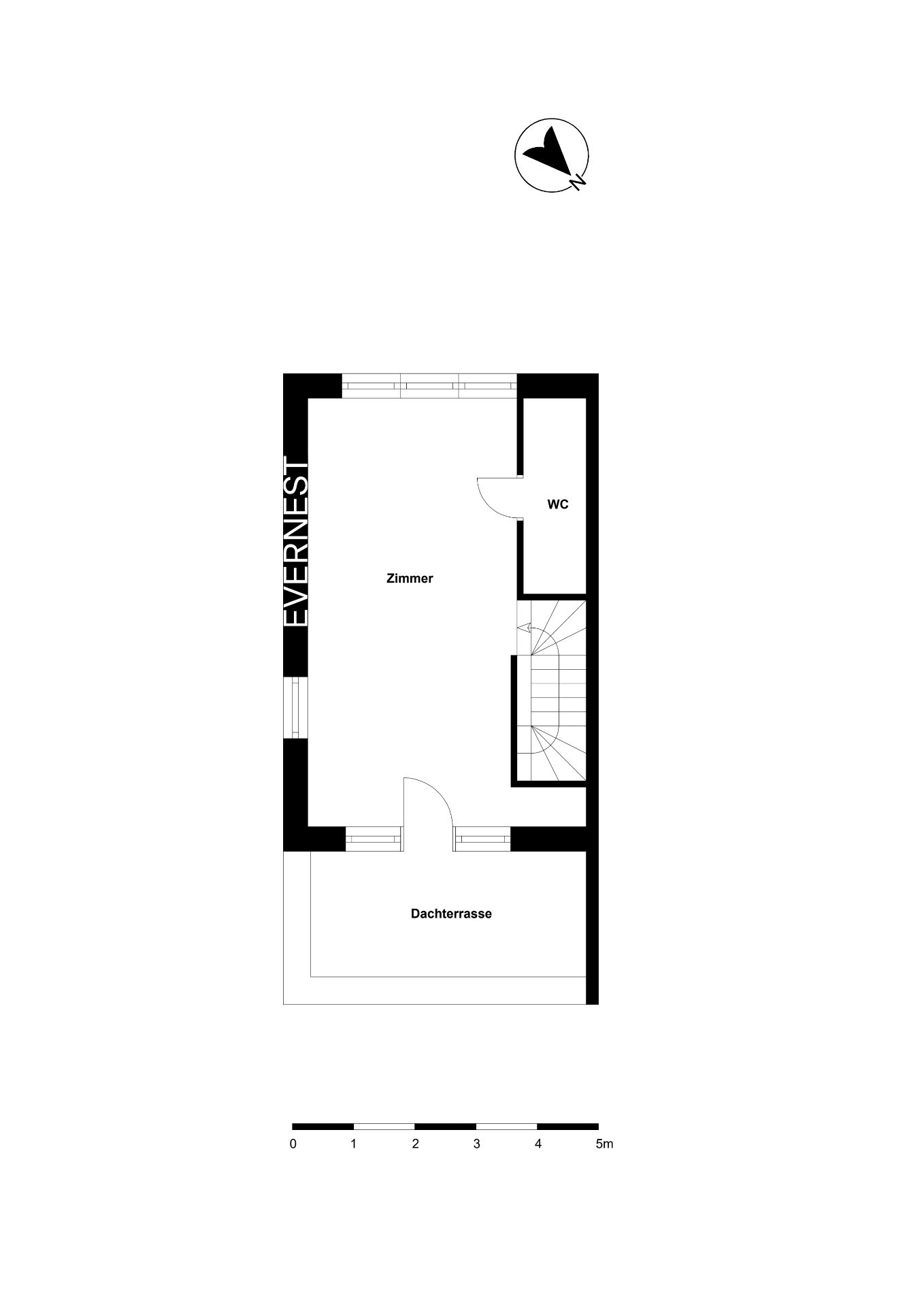 Grundriss mit Zimmer, WC, Treppe und Dachterrasse.