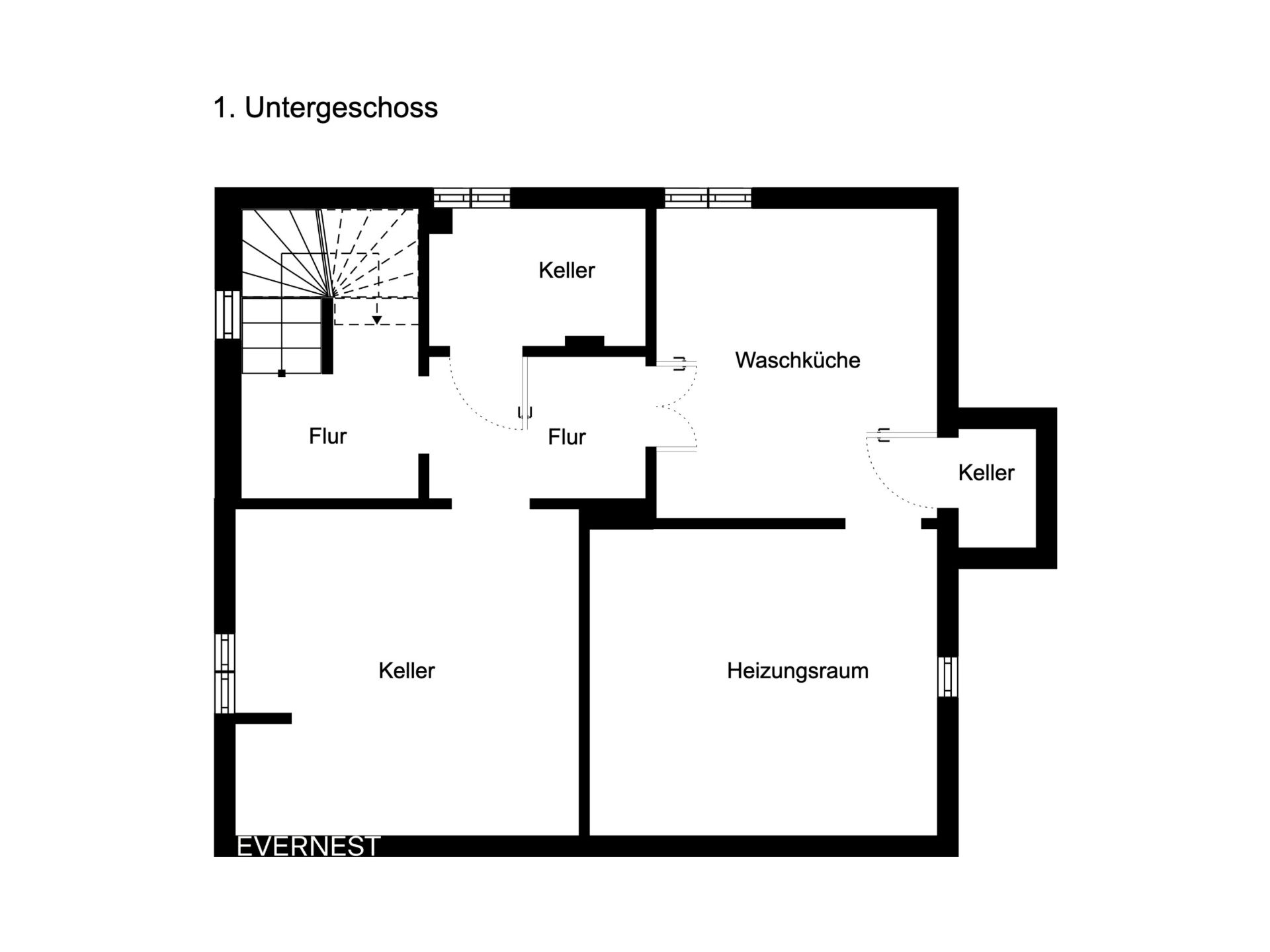 Grundriss eines Kellers mit Flur, Heizungsraum, Waschküche und mehreren Kellerräumen.