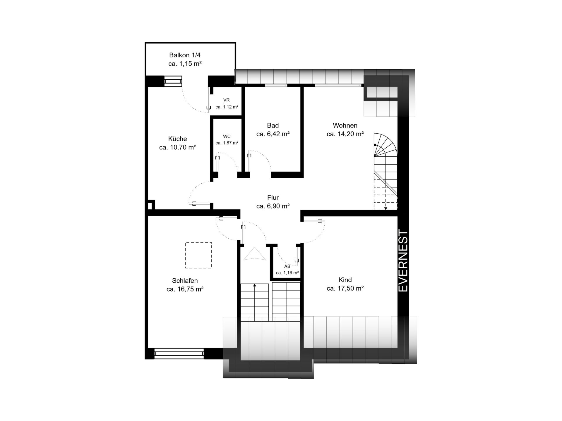Grundriss einer Wohnung mit Zimmern, Küche, Bad, WC, Flur, Balkon und Treppenhaus.