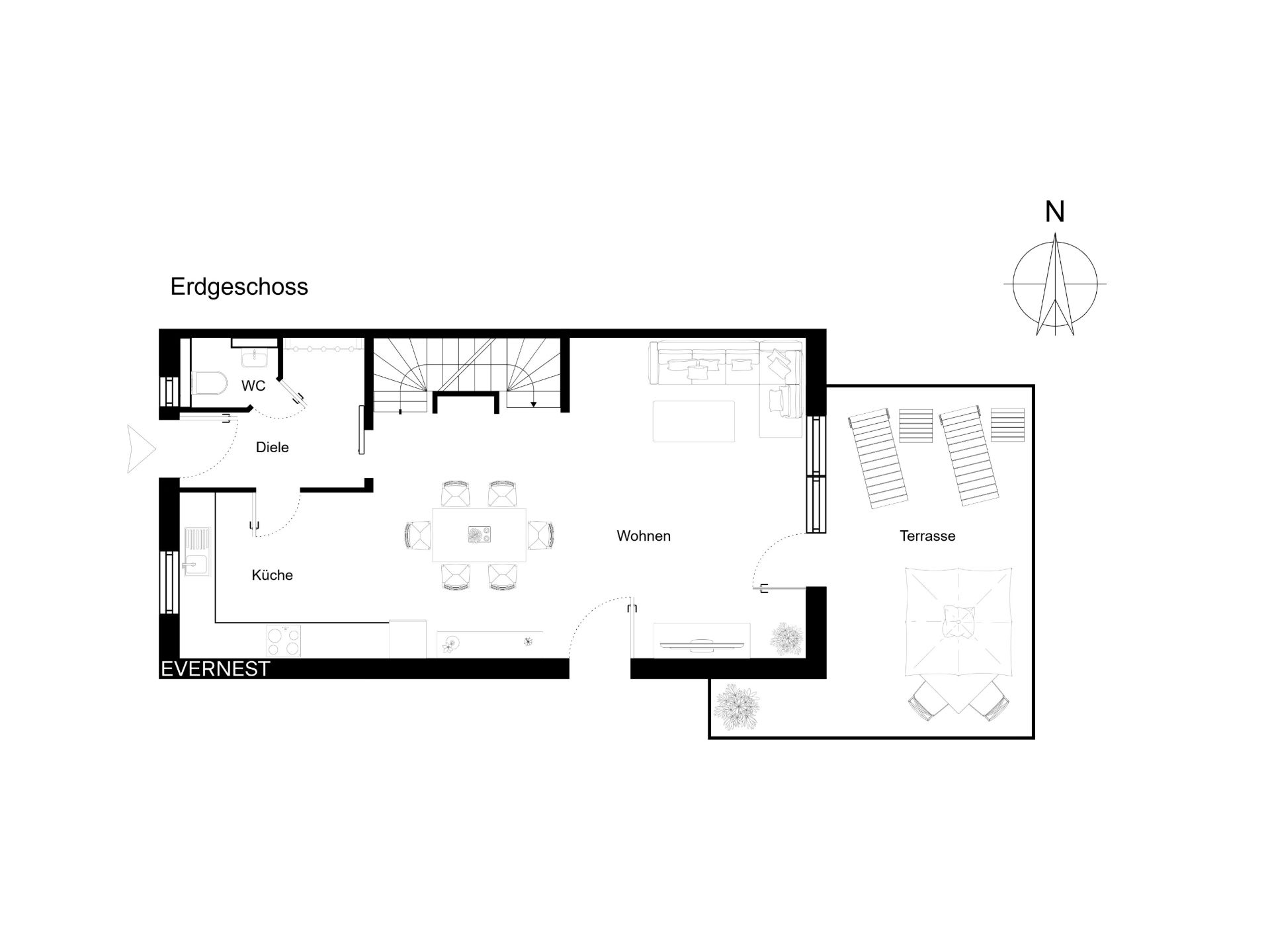 Grundriss des Erdgeschosses mit Küche, Wohnzimmer, WC und Terrasse.