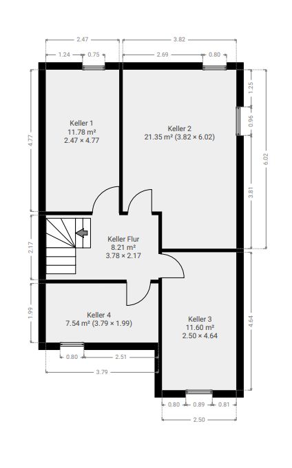Grundriss eines Kellers mit vier Räumen, Flur und Treppe, Maße und Raumgrößen sind eingezeichnet.