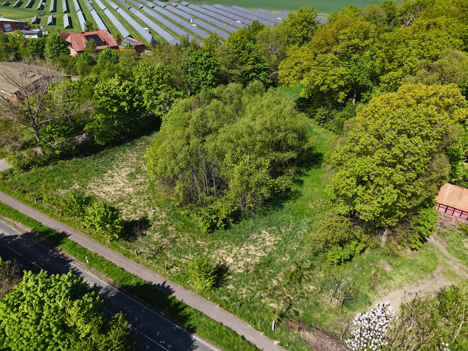 Luftaufnahme eines grünen Grundstücks mit Bäumen und angrenzender Straße.