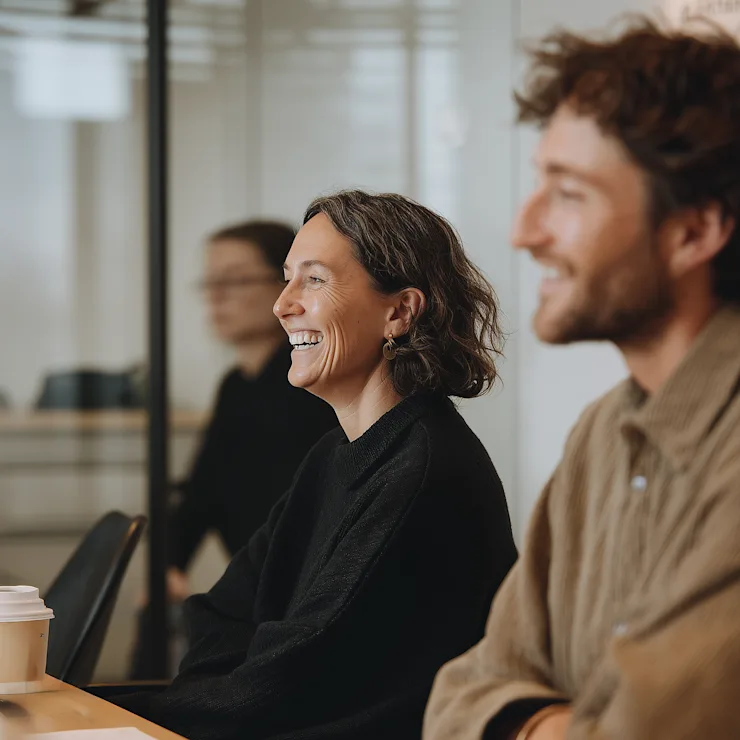 Zwei lachende Personen sitzen an einem Tisch mit Kaffeebecher in einem hellen Raum.