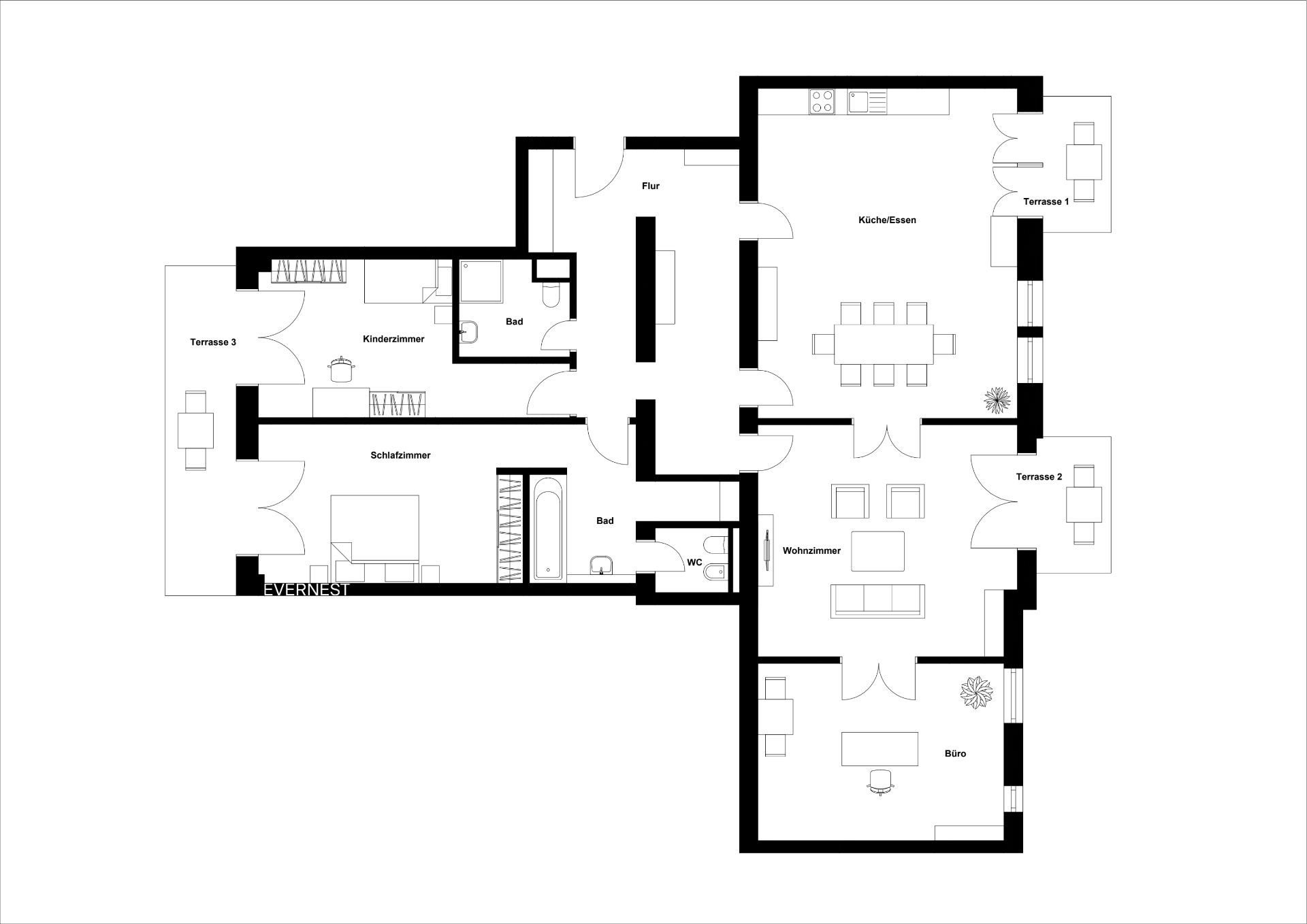 Grundriss einer Wohnung mit Schlafzimmer, Kinderzimmer, Wohnbereich, Küche und drei Terrassen.