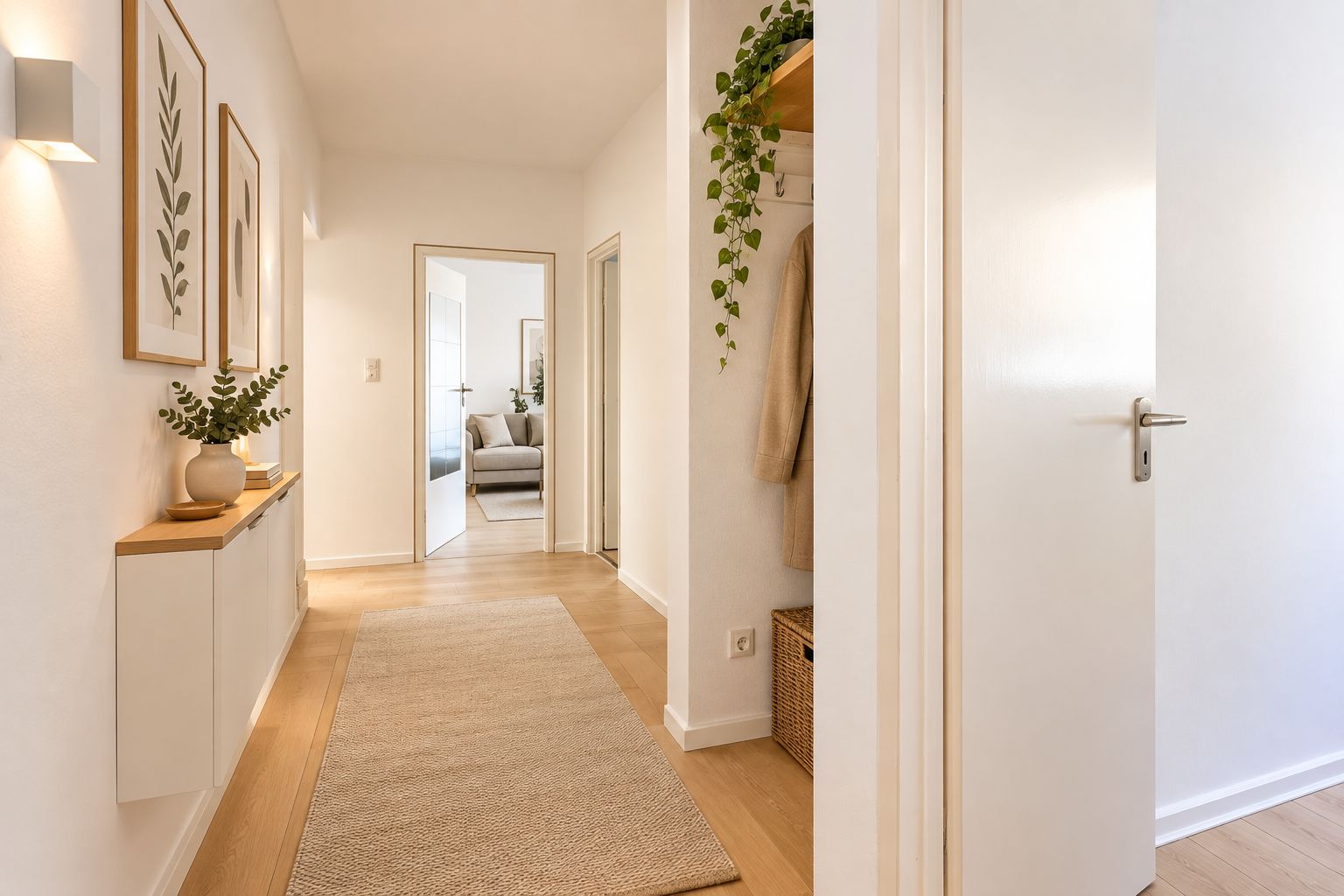 Heller Flur mit Holzboden, Teppich, Pflanzen und Bildern an der Wand.